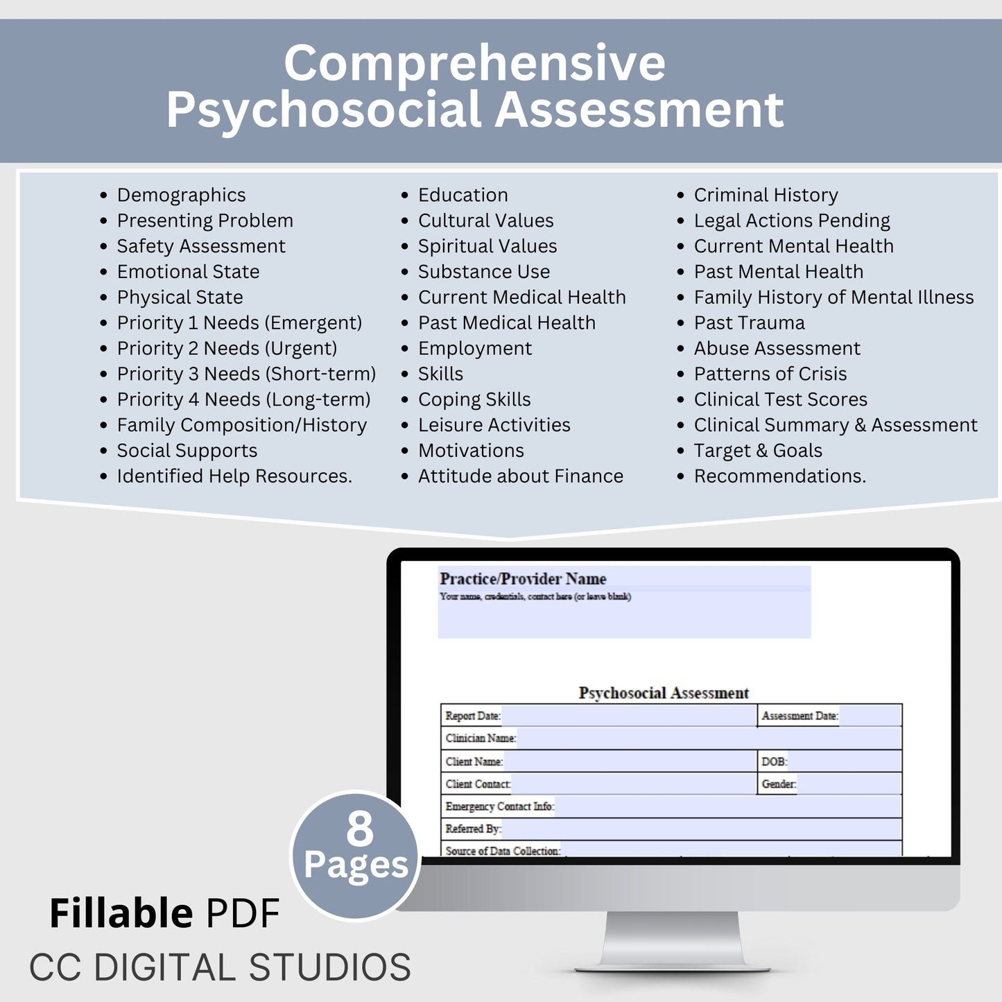 Psychosocial Assessment template, specifically designed for social workers, school counselors, school psychologists, and case managers.  Therapist template streamlines the documentation process for therapy notes and progress notes. Psychoanalysis