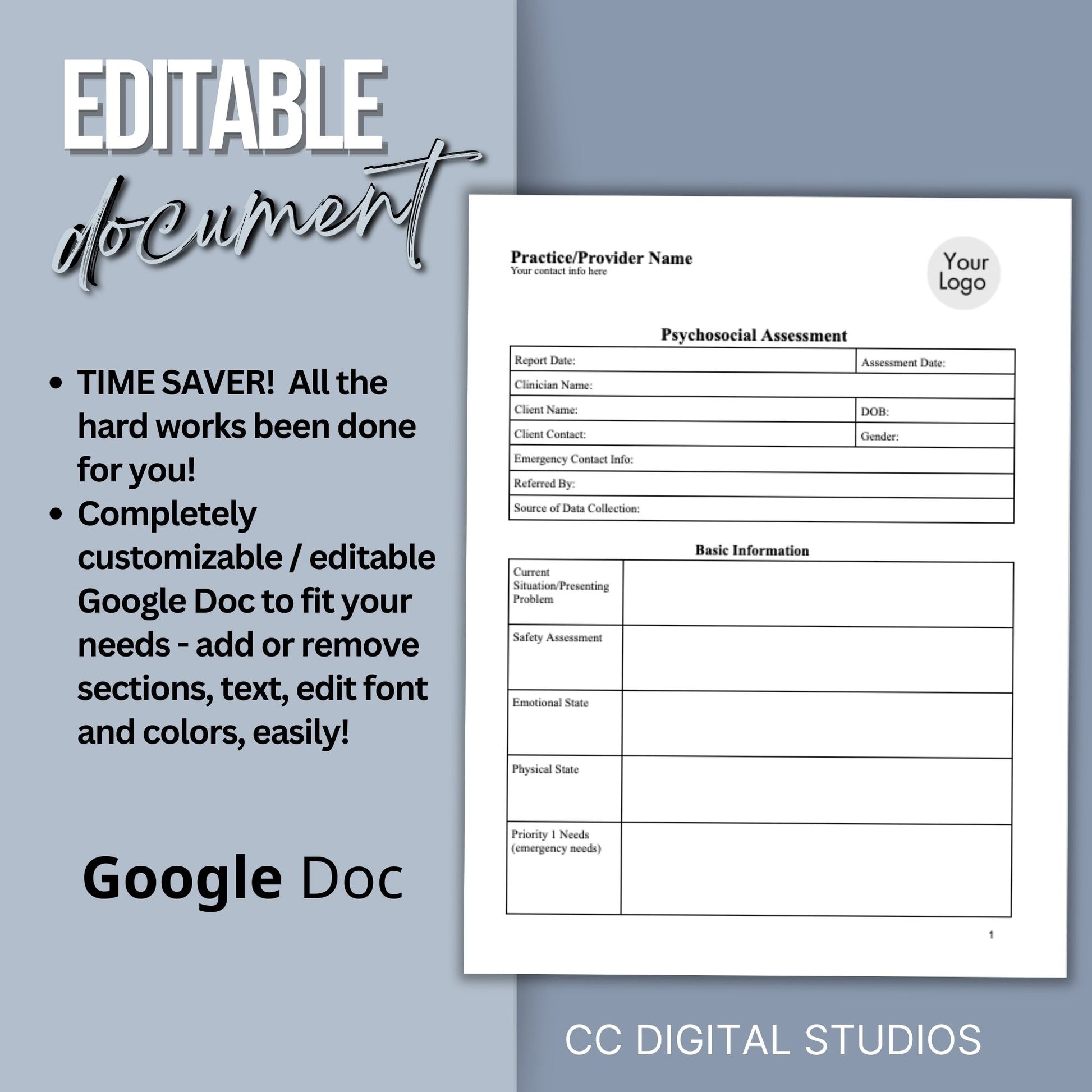 Psychosocial Assessment template, specifically designed for social workers, school counselors, school psychologists, and case managers.  Therapist template streamlines the documentation process for therapy notes and progress notes. Psychoanalysis