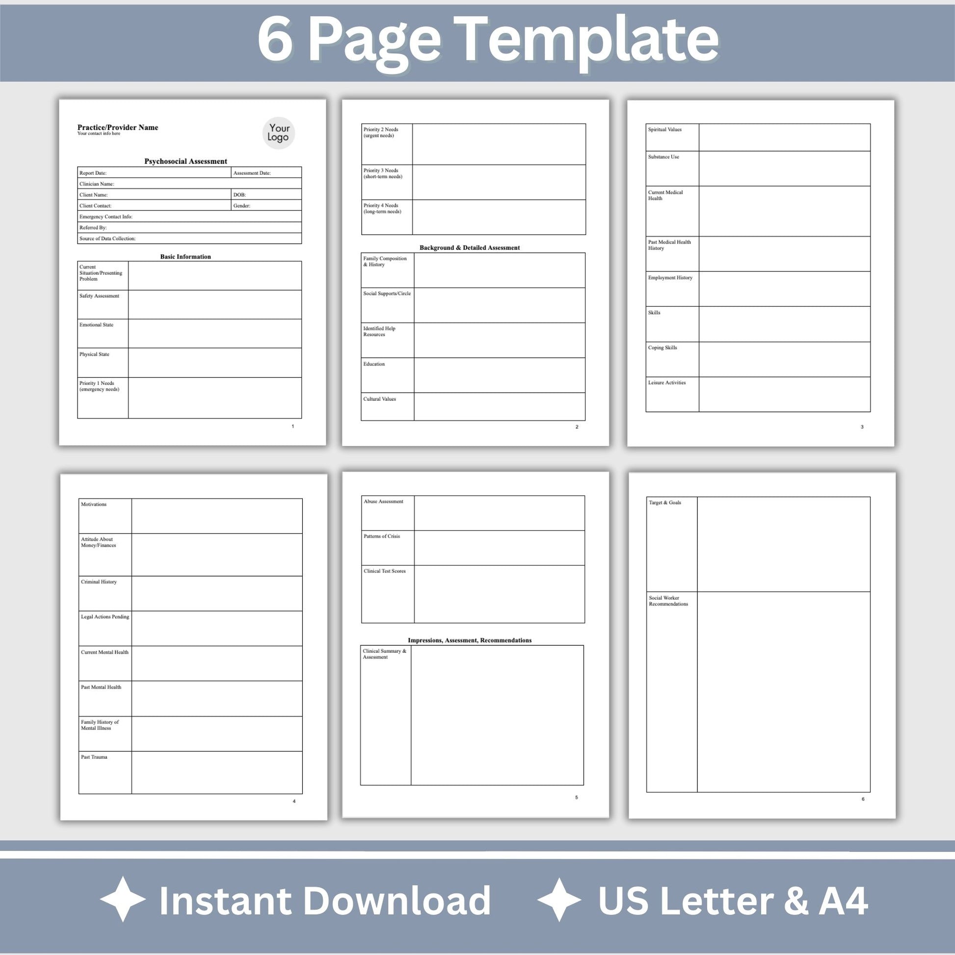 Psychosocial Assessment template, specifically designed for social workers, school counselors, school psychologists, and case managers.  Therapist template streamlines the documentation process for therapy notes and progress notes. Psychoanalysis