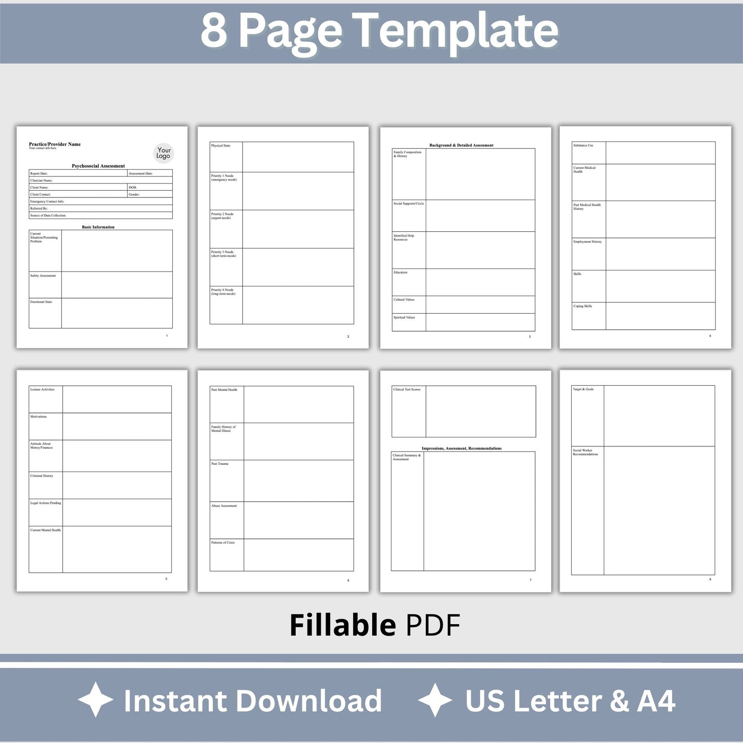 Psychosocial Assessment template, specifically designed for social workers, school counselors, school psychologists, and case managers.  Therapist template streamlines the documentation process for therapy notes and progress notes. Psychoanalysis