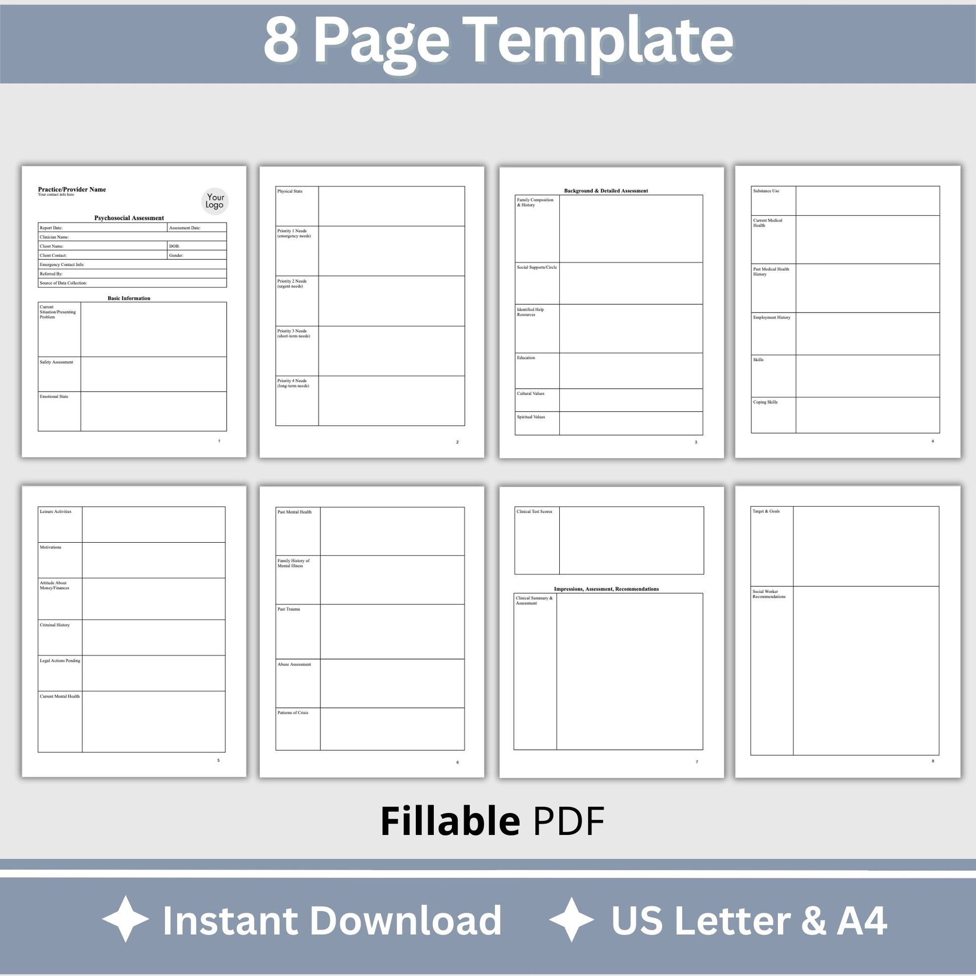 Psychosocial Assessment template, specifically designed for social workers, school counselors, school psychologists, and case managers.  Therapist template streamlines the documentation process for therapy notes and progress notes. Psychoanalysis