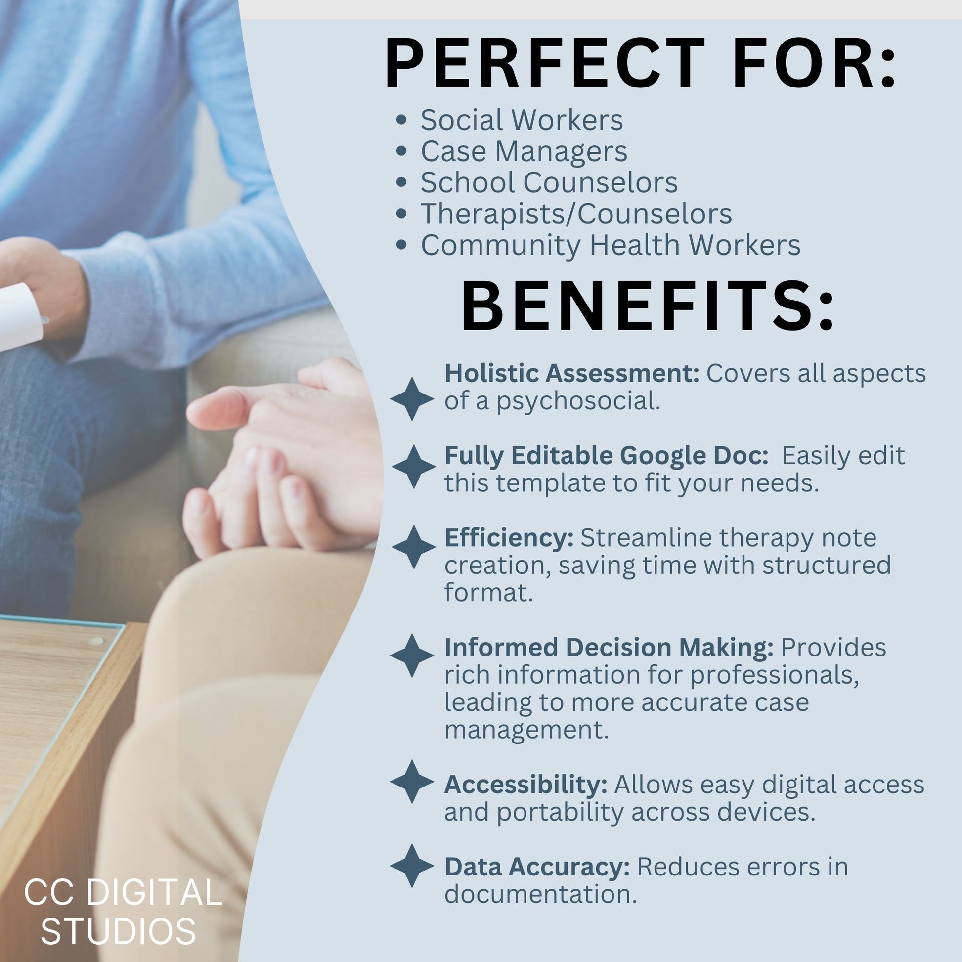 Psychosocial Assessment template, specifically designed for social workers, school counselors, school psychologists, and case managers.  Therapist template streamlines the documentation process for therapy notes and progress notes. Psychoanalysis