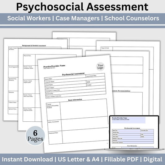 Psychosocial Assessment template, specifically designed for social workers, school counselors, school psychologists, and case managers.  Therapist template streamlines the documentation process for therapy notes and progress notes. Psychoanalysis