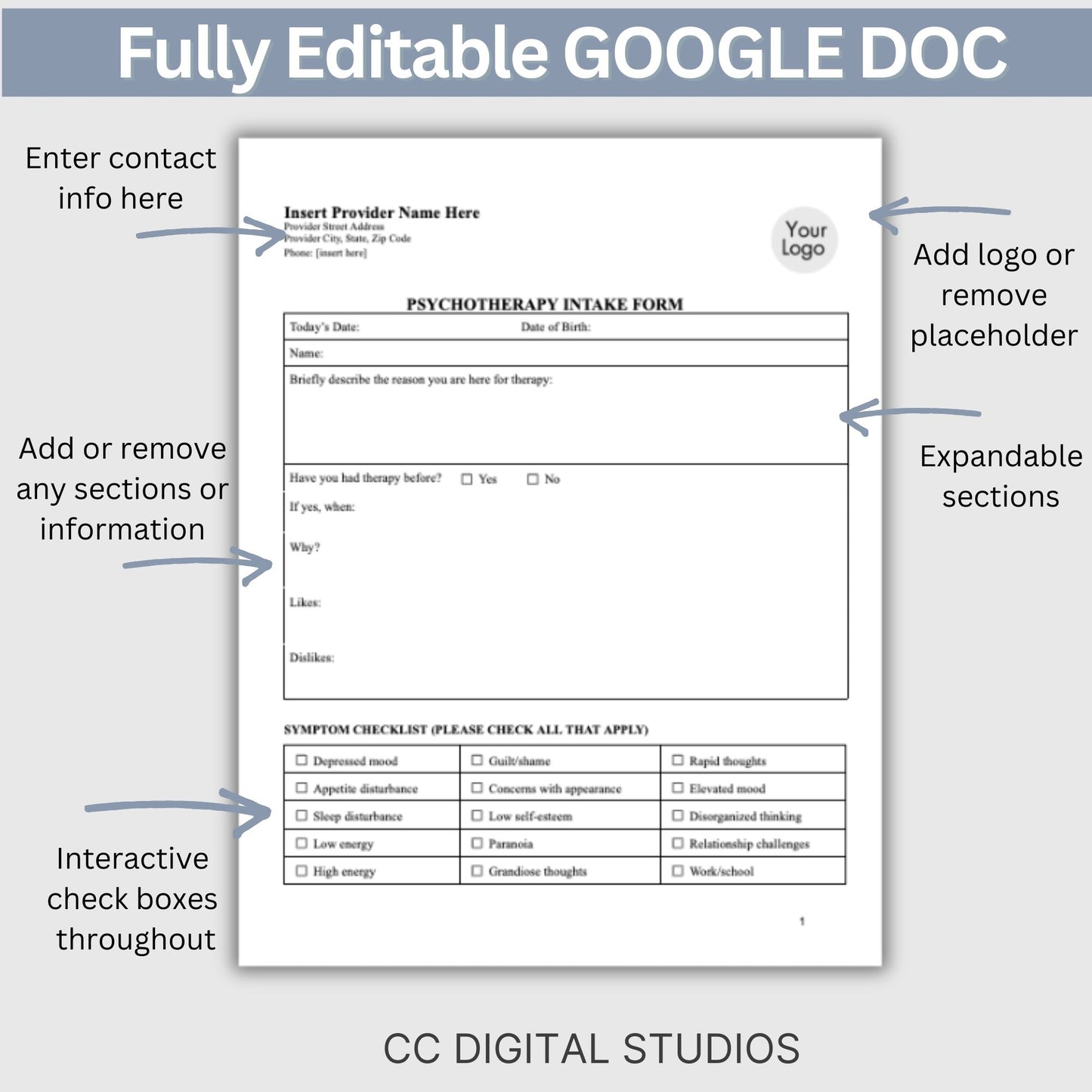 Psychotherapy Intake Form for Mental Health Professionals Editable Google Doc