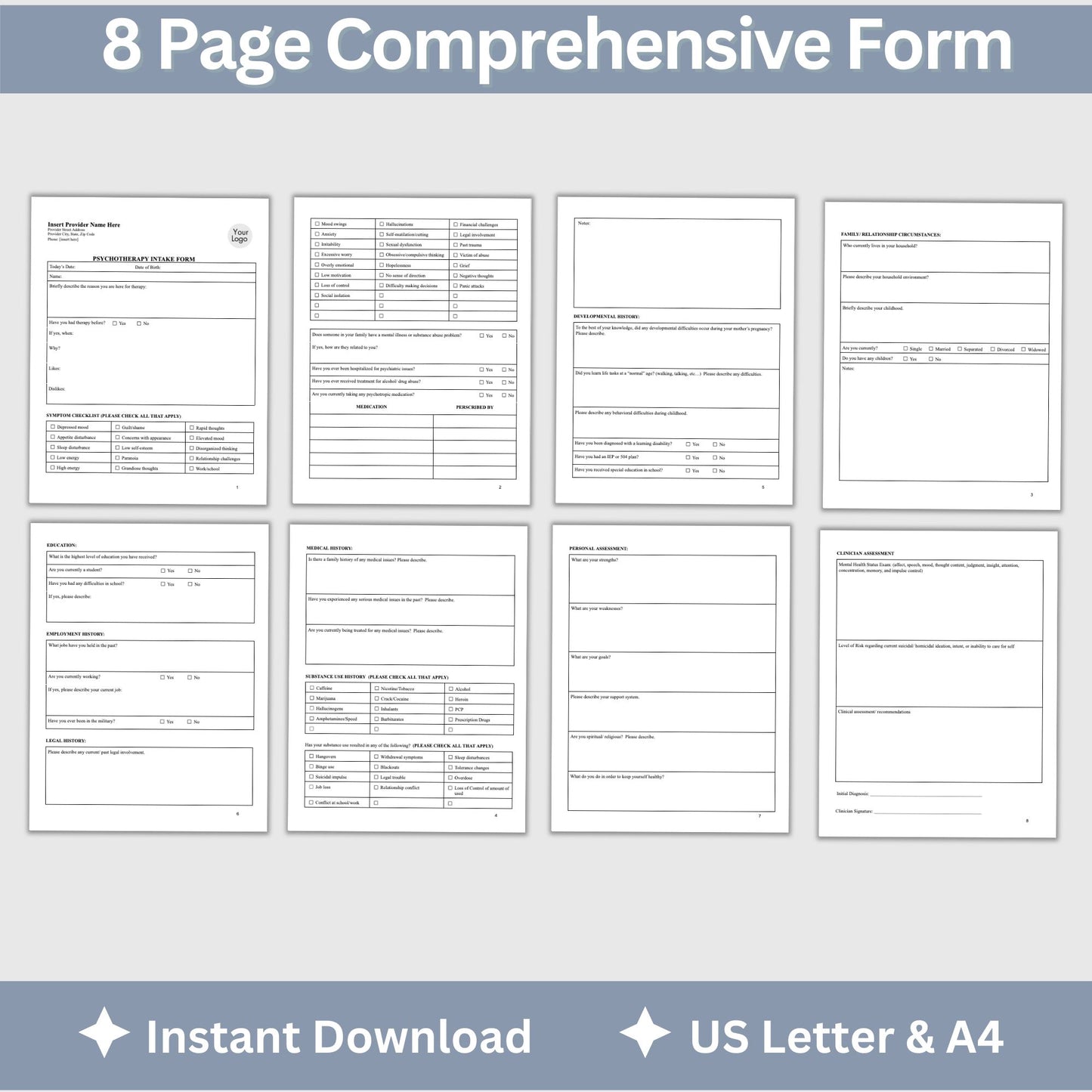 Psychotherapy Intake Form for Mental Health Professionals Editable Google Doc
