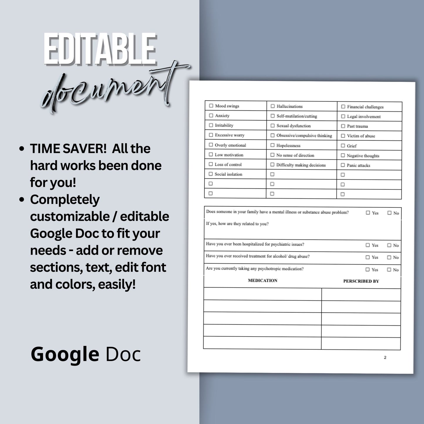 Psychotherapy Intake Form for Mental Health Professionals Editable Google Doc