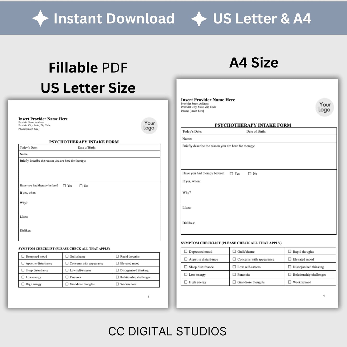Psychotherapy Client Intake Form for Mental Health Professionals Fillable PDF Template