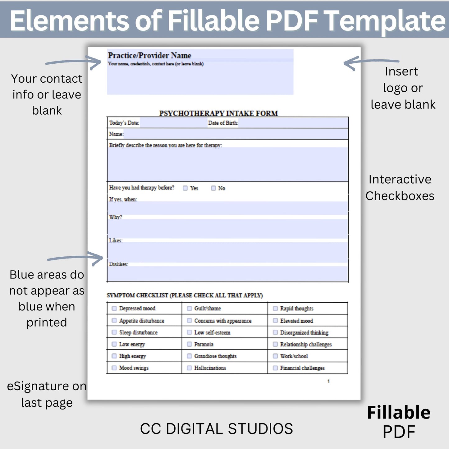 Psychotherapy Client Intake Form for Mental Health Professionals Fillable PDF Template