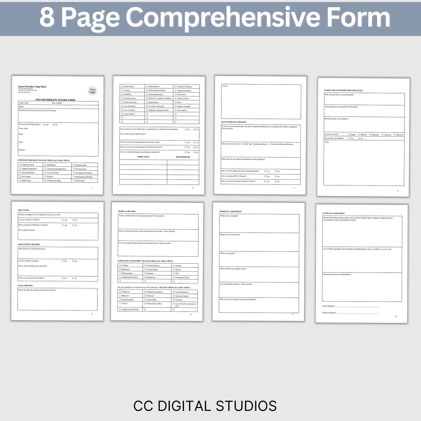 Psychotherapy Client Intake Form for Mental Health Professionals Fillable PDF Template