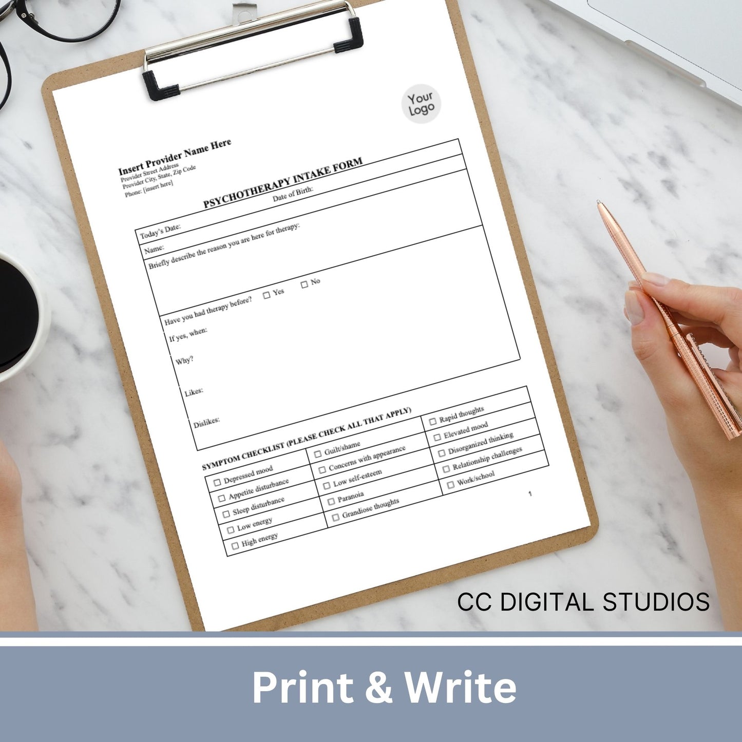 Psychotherapy Client Intake Form for Mental Health Professionals Fillable PDF Template