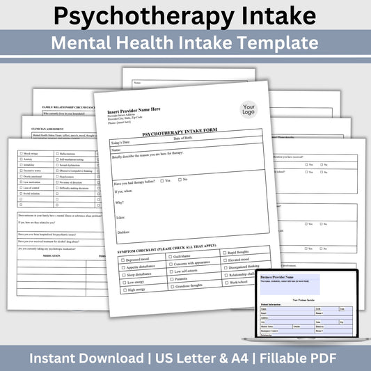 Psychotherapy Client Intake Form for Mental Health Professionals Fillable PDF Template