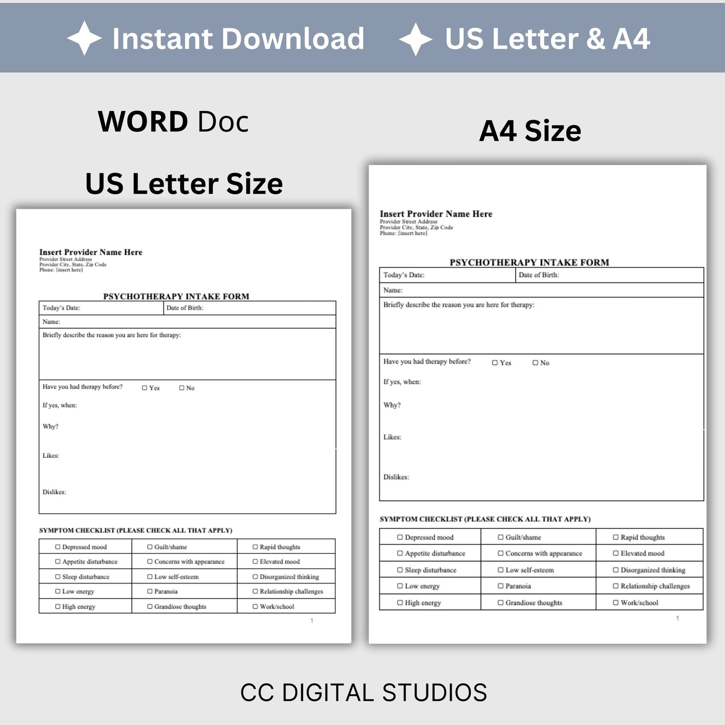 Psychotherapy Client Intake Form for Counseling Office (WORD Doc, Digital Download)