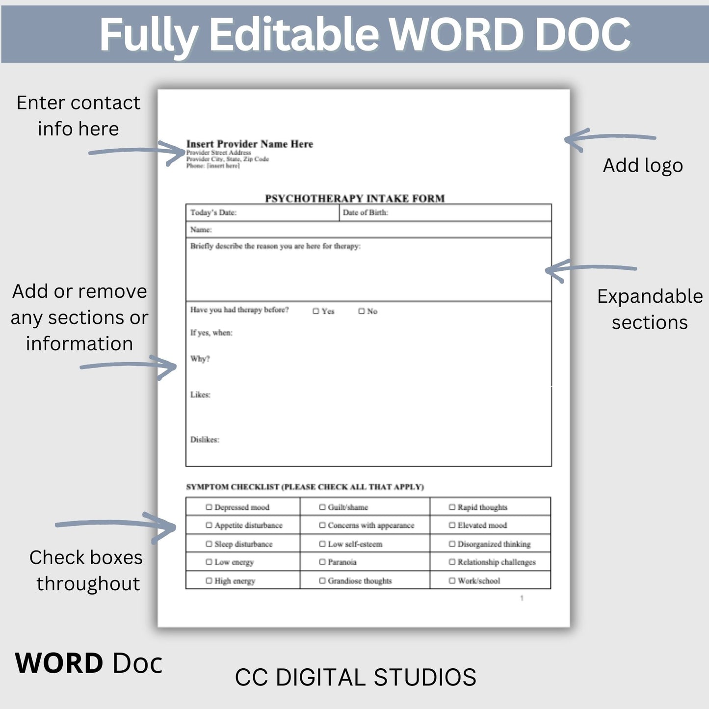 Psychotherapy Client Intake Form for Counseling Office (WORD Doc, Digital Download)
