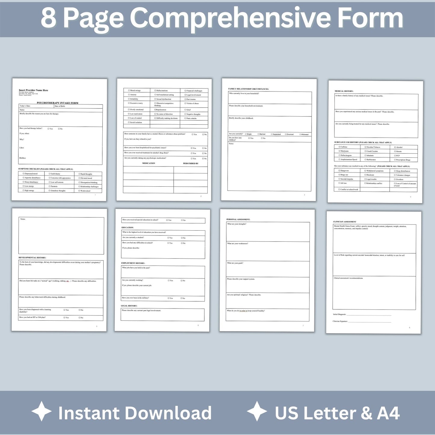 Psychotherapy Client Intake Form for Counseling Office (WORD Doc, Digital Download)