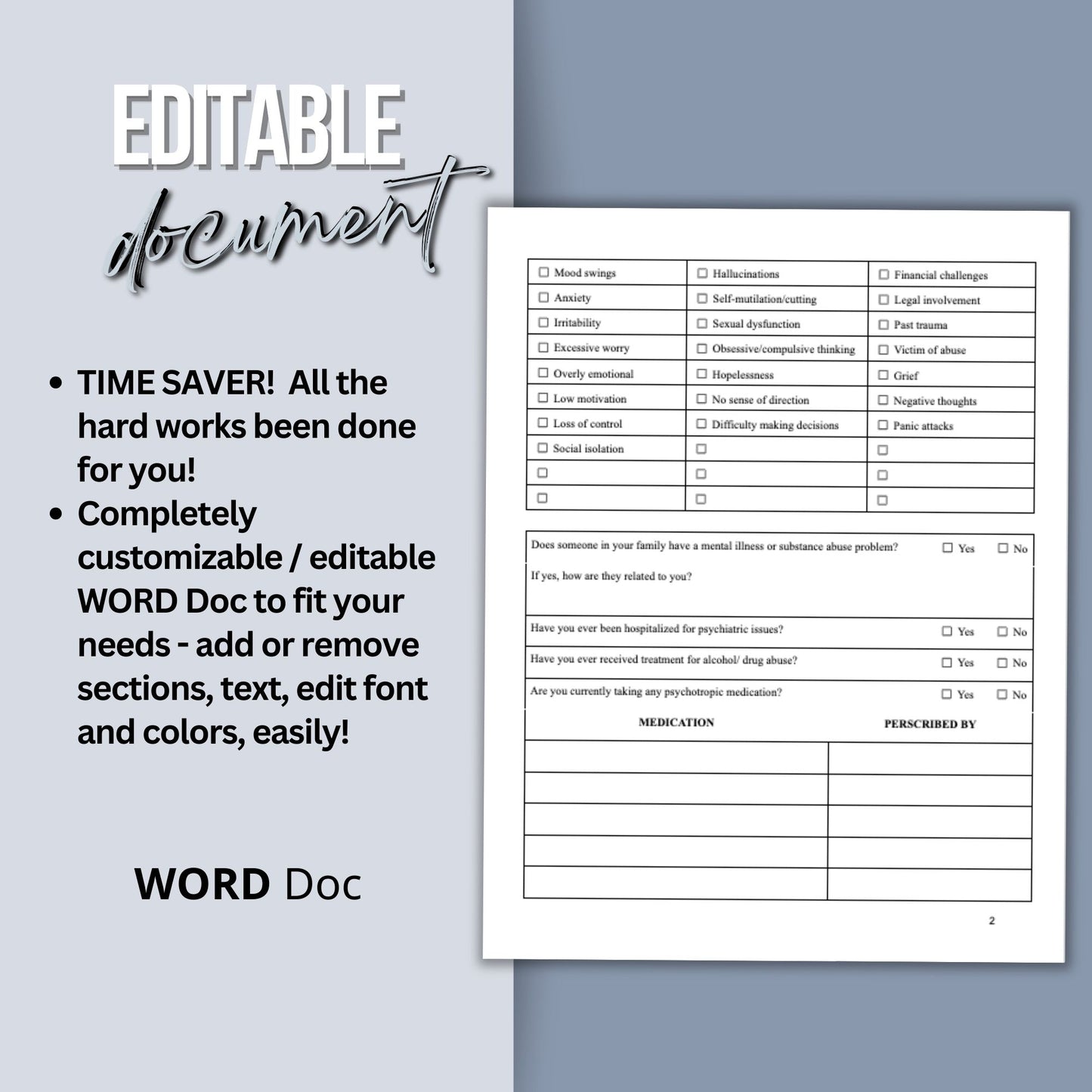 Psychotherapy Client Intake Form for Counseling Office (WORD Doc, Digital Download)
