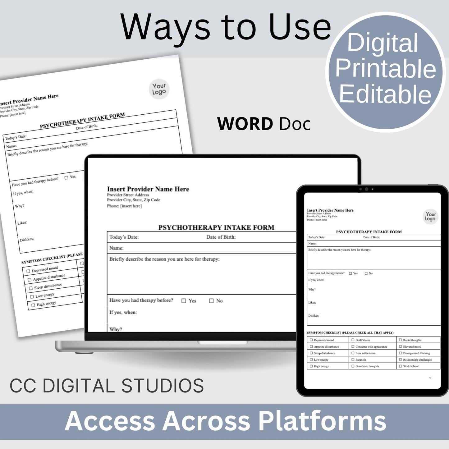 Psychotherapy Client Intake Form for Counseling Office (WORD Doc, Digital Download)