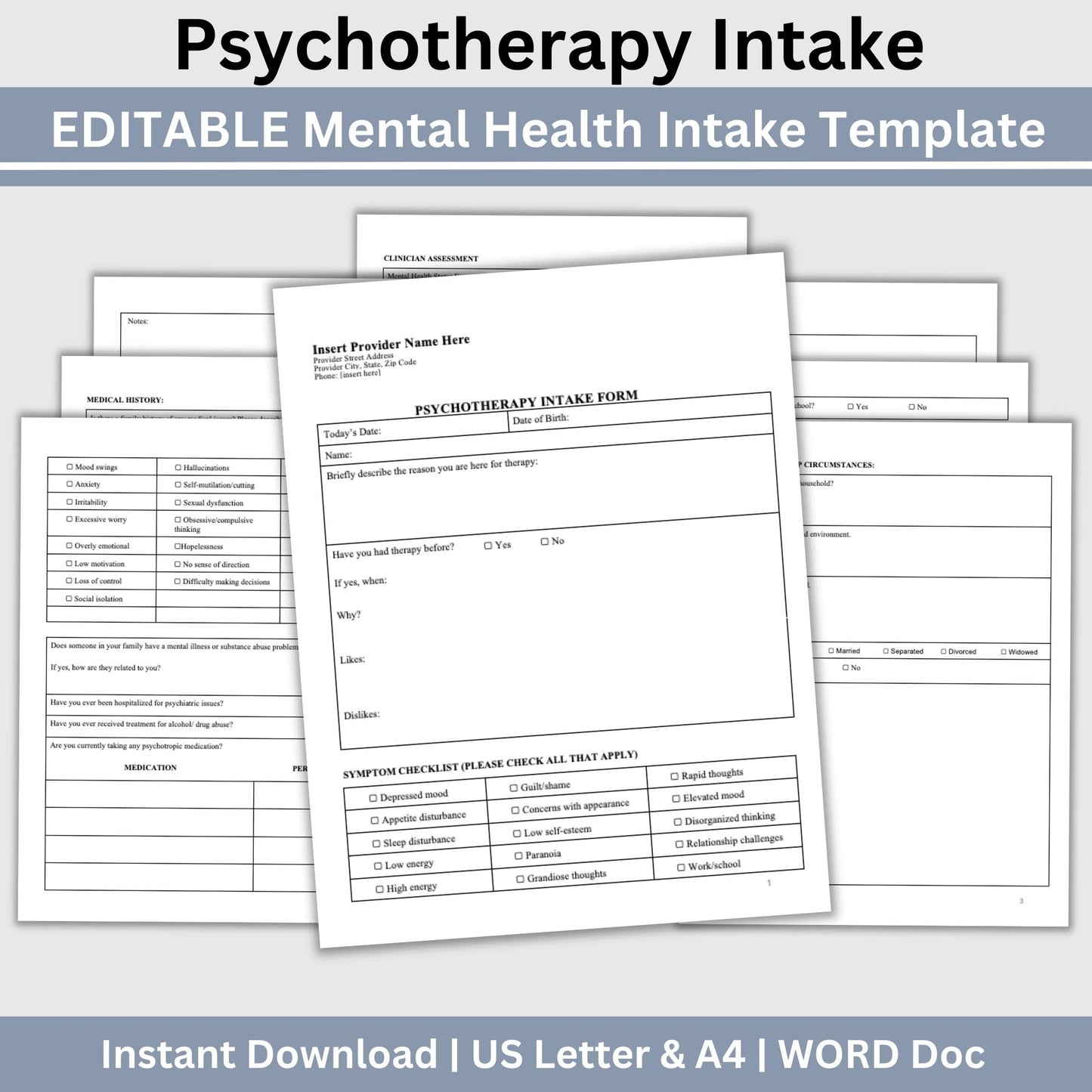 Psychotherapy Client Intake Form for Counseling Office (WORD Doc, Digital Download)