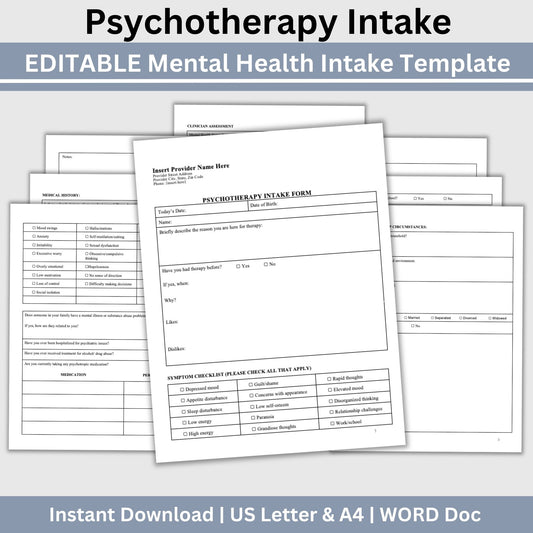 Psychotherapy Client Intake Form for Counseling Office (WORD Doc, Digital Download)
