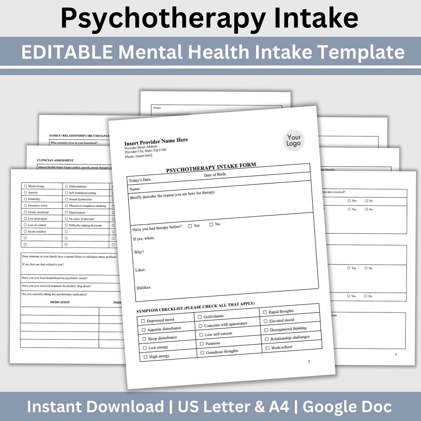 Psychotherapy Intake Form for Mental Health Professionals Editable Google Doc