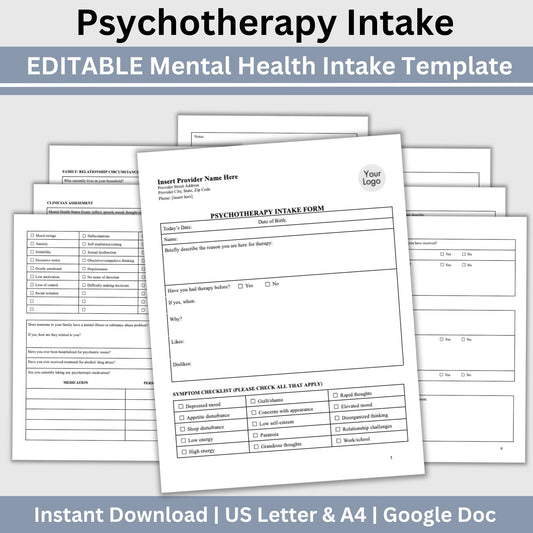Psychotherapy Intake Form for Mental Health Professionals Editable Google Doc