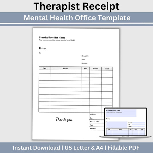 Professional therapist office receipt template designed specifically for mental health professionals. This easy-to-use template helps you provide clear and concise receipts to your clients, ensuring transparency and professionalism.