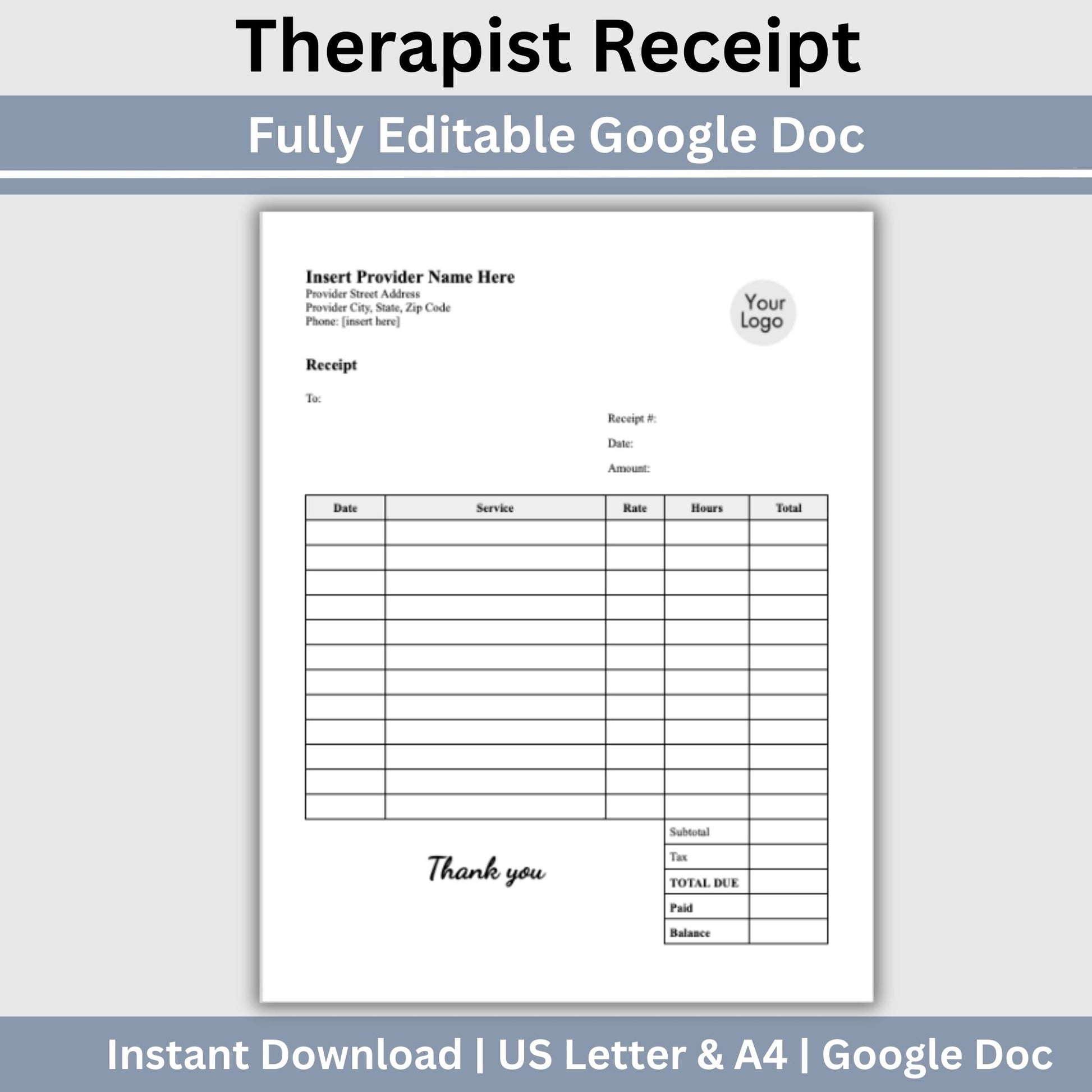 Professional therapist office receipt template designed specifically for mental health professionals. This easy-to-use template helps you provide clear and concise receipts to your clients, ensuring transparency and professionalism.