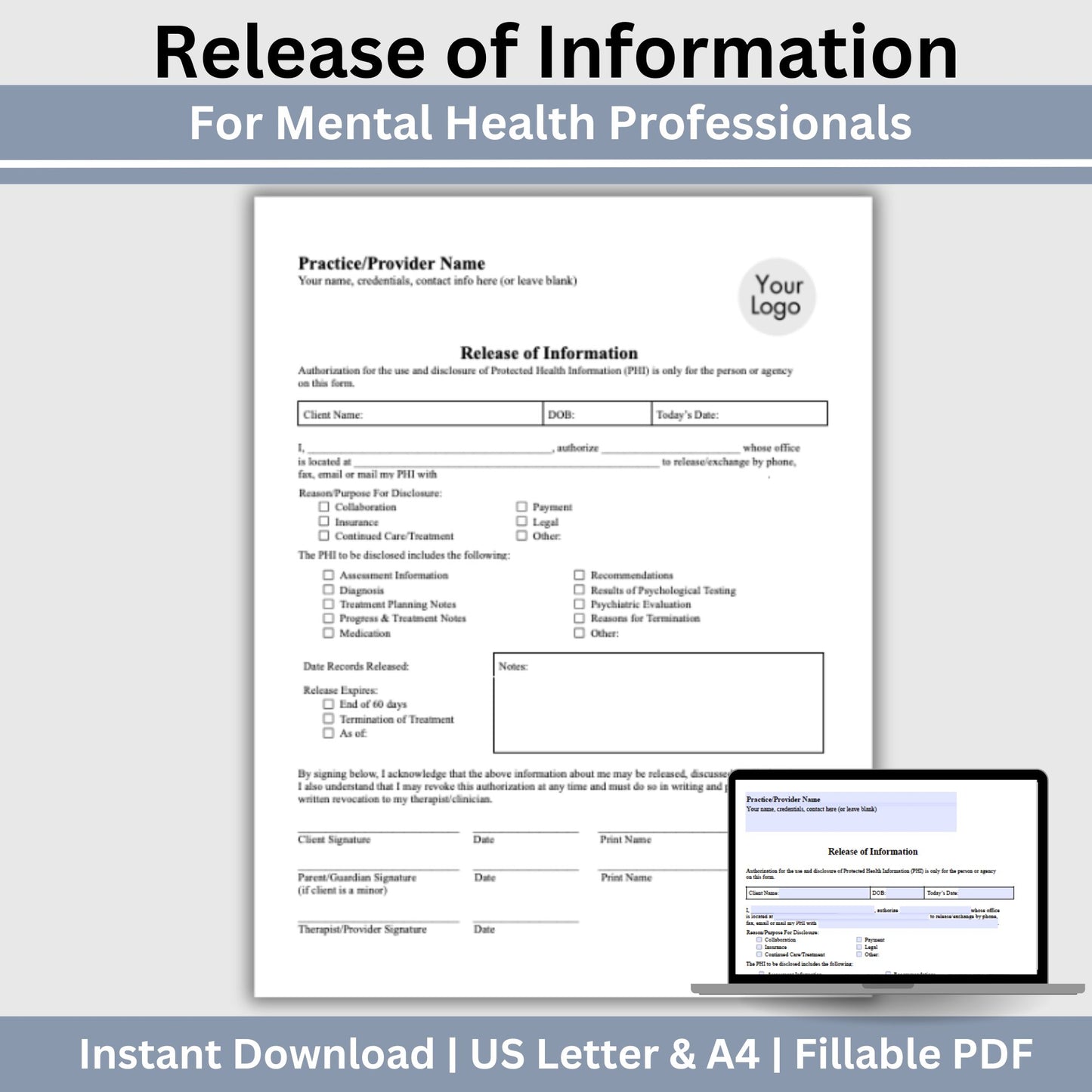 Release of Information, Informed Consent, Mental Health ROI, Private Practice Paperwork, Therapy Tools, Therapy Consent Form, HIPAA Form