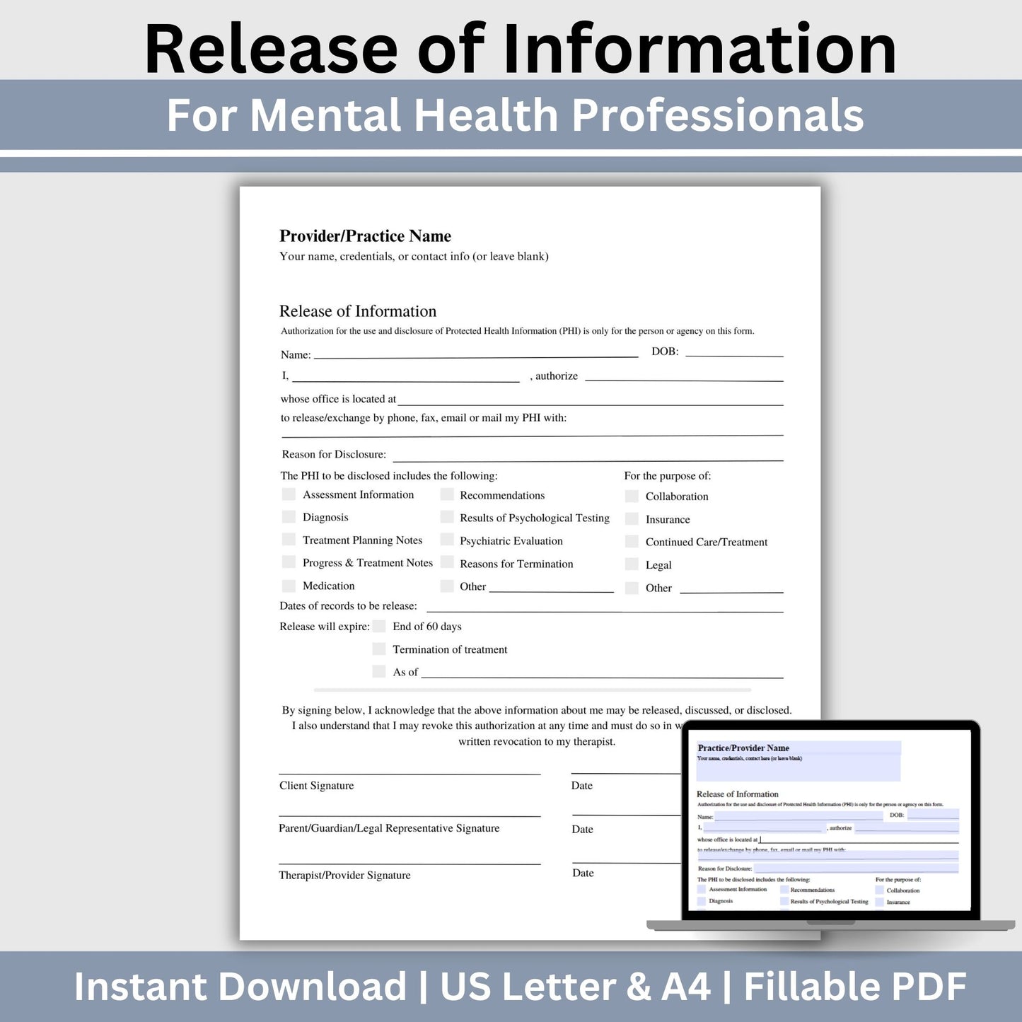 Release of Information (ROI) Form, designed specifically for mental health professionals. This essential template&nbsp;enhances client trust, and simplifies communication with other providers. Our form helps you maintain accurate records and adhere to confidentiality standards. Ideal for therapists, counselors, and social workers, this ROI form supports efficient information sharing. Optimize your workflow with this user-friendly solution.