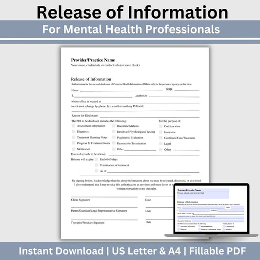 Release of Information (ROI) Form, designed specifically for mental health professionals. This essential template&nbsp;enhances client trust, and simplifies communication with other providers. Our form helps you maintain accurate records and adhere to confidentiality standards. Ideal for therapists, counselors, and social workers, this ROI form supports efficient information sharing. Optimize your workflow with this user-friendly solution.