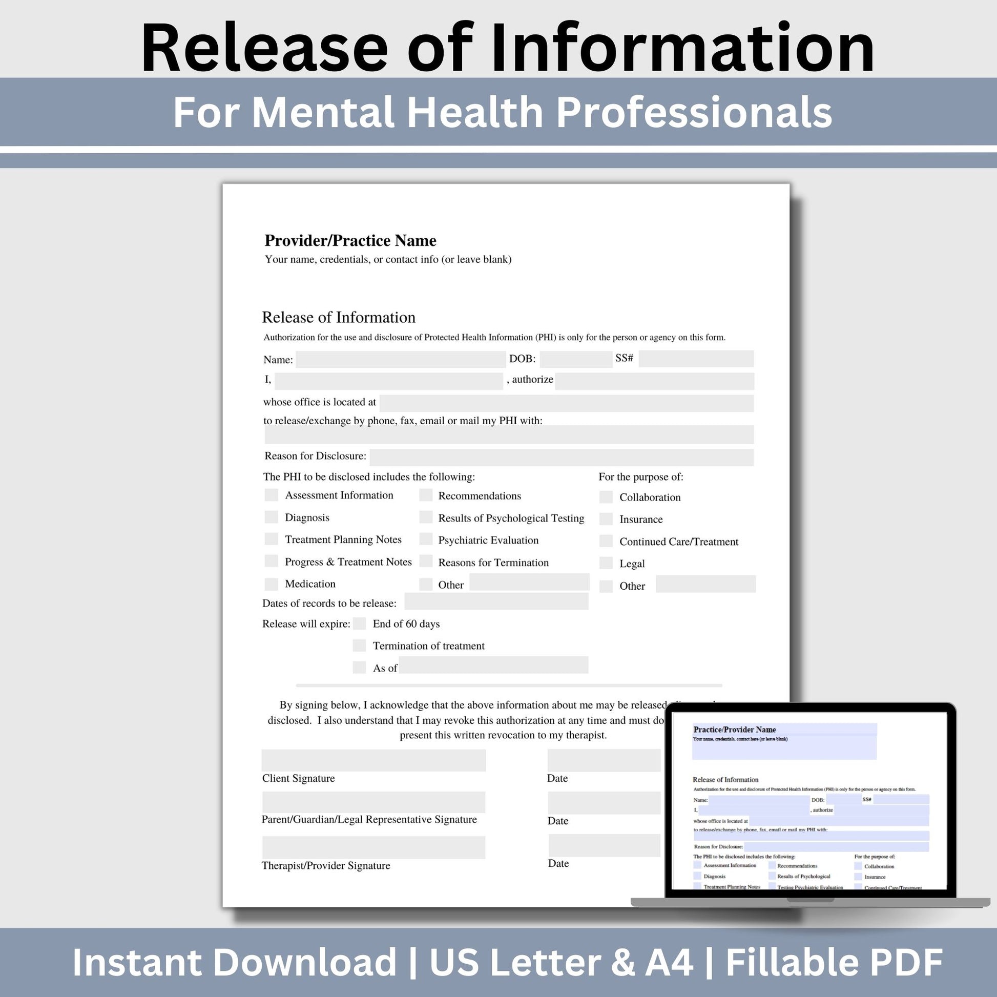 Release of Information, Informed Consent, Mental Health ROI, Private Practice Paperwork, Therapy Tools, Therapy Consent Form, HIPAA Form