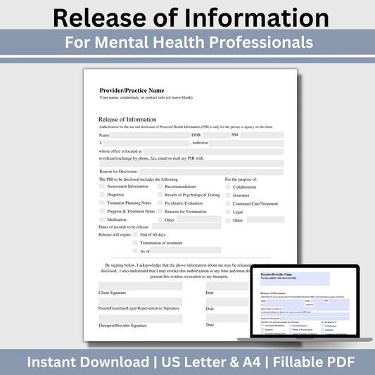 Release of Information, Informed Consent, Mental Health ROI, Private Practice Paperwork, Therapy Tools, Therapy Consent Form, HIPAA Form