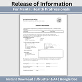 Release of Information, Informed Consent, Mental Health ROI, Private Practice Paperwork, Therapy Tools, Therapy Consent Form, HIPAA Form