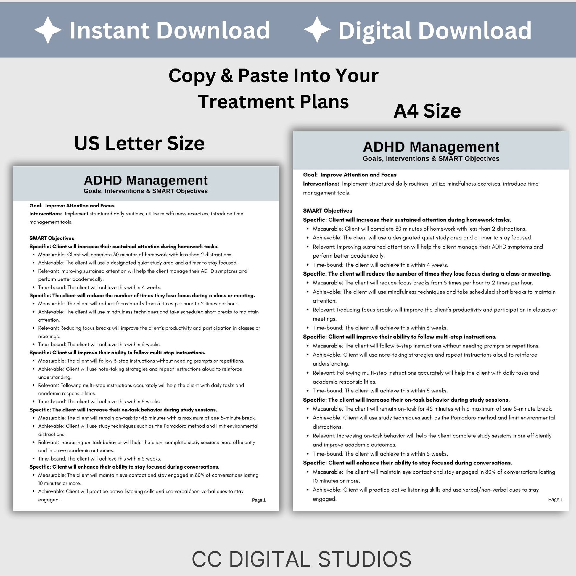 ADHD SMART Goals for Objectives, ADHD Treatment Planning, Therapy Cheat Sheet, adhd Planning Tool for Therapist Office, Interventions. ADHD therapy goals with SMART goals for objectives - Treatment planning tool tailored for treating ADHD.