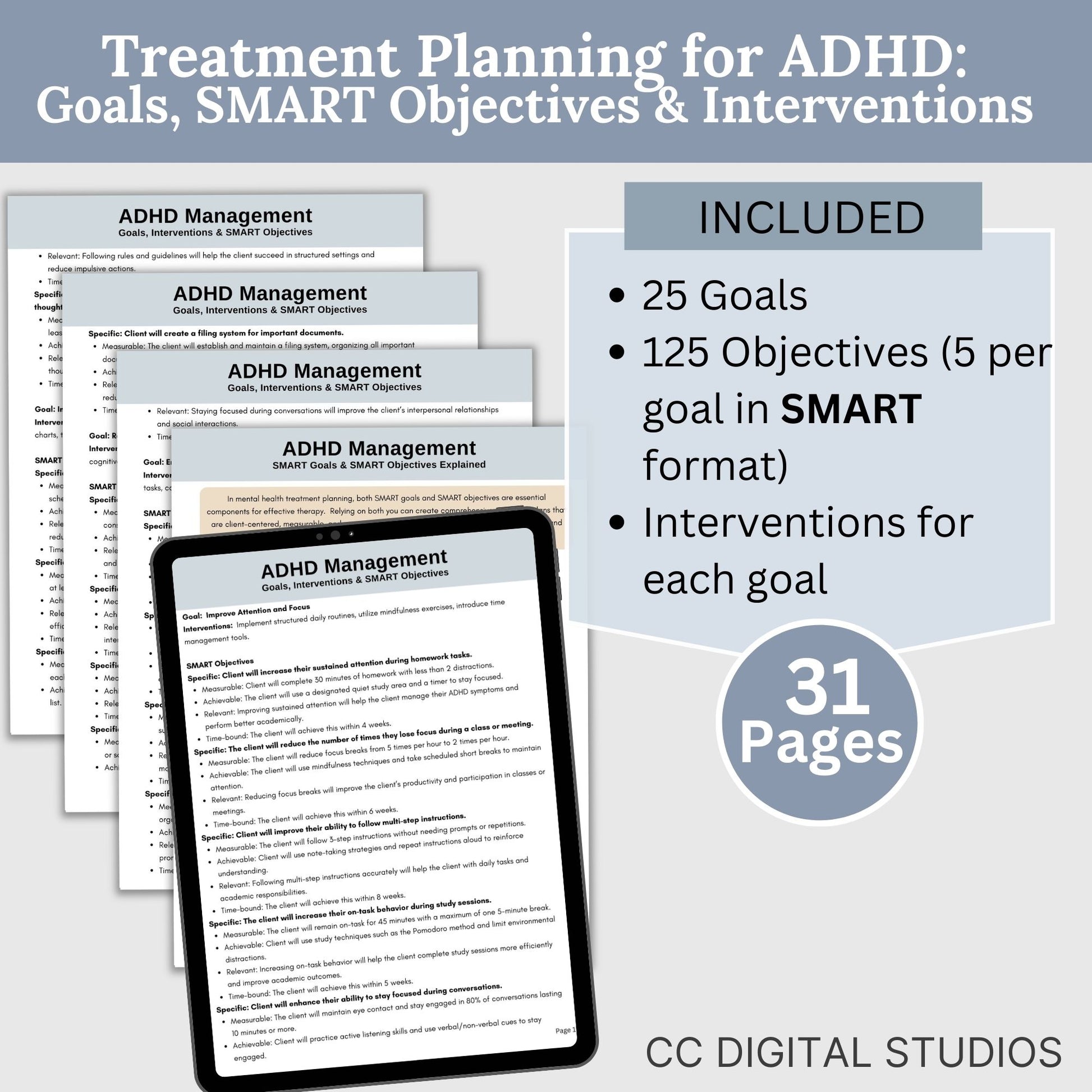 ADHD SMART Goals for Objectives, ADHD Treatment Planning, Therapy Cheat Sheet, adhd Planning Tool for Therapist Office, Interventions. ADHD therapy goals with SMART goals for objectives - Treatment planning tool tailored for treating ADHD.