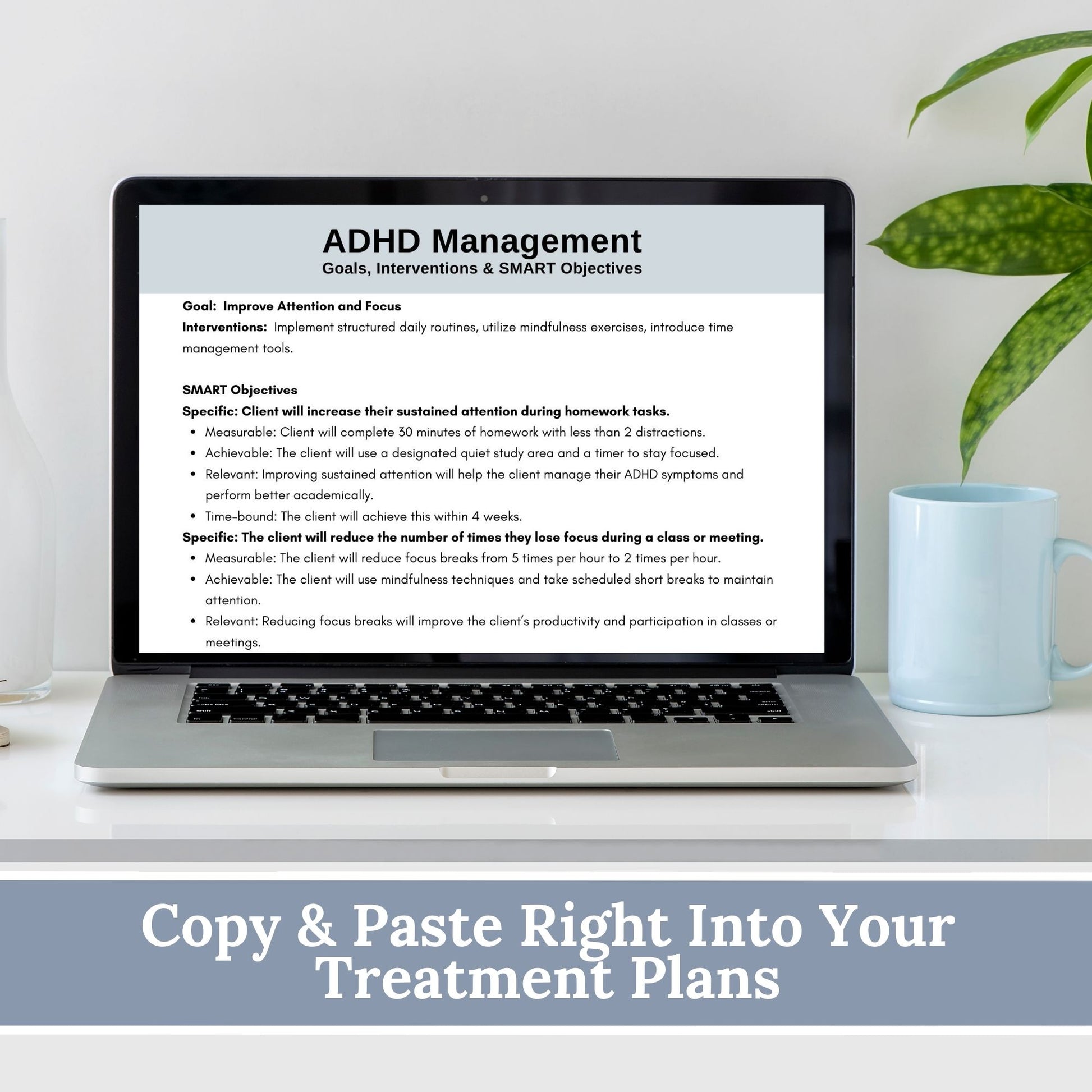 ADHD SMART Goals for Objectives, ADHD Treatment Planning, Therapy Cheat Sheet, adhd Planning Tool for Therapist Office, Interventions. ADHD therapy goals with SMART goals for objectives - Treatment planning tool tailored for treating ADHD.