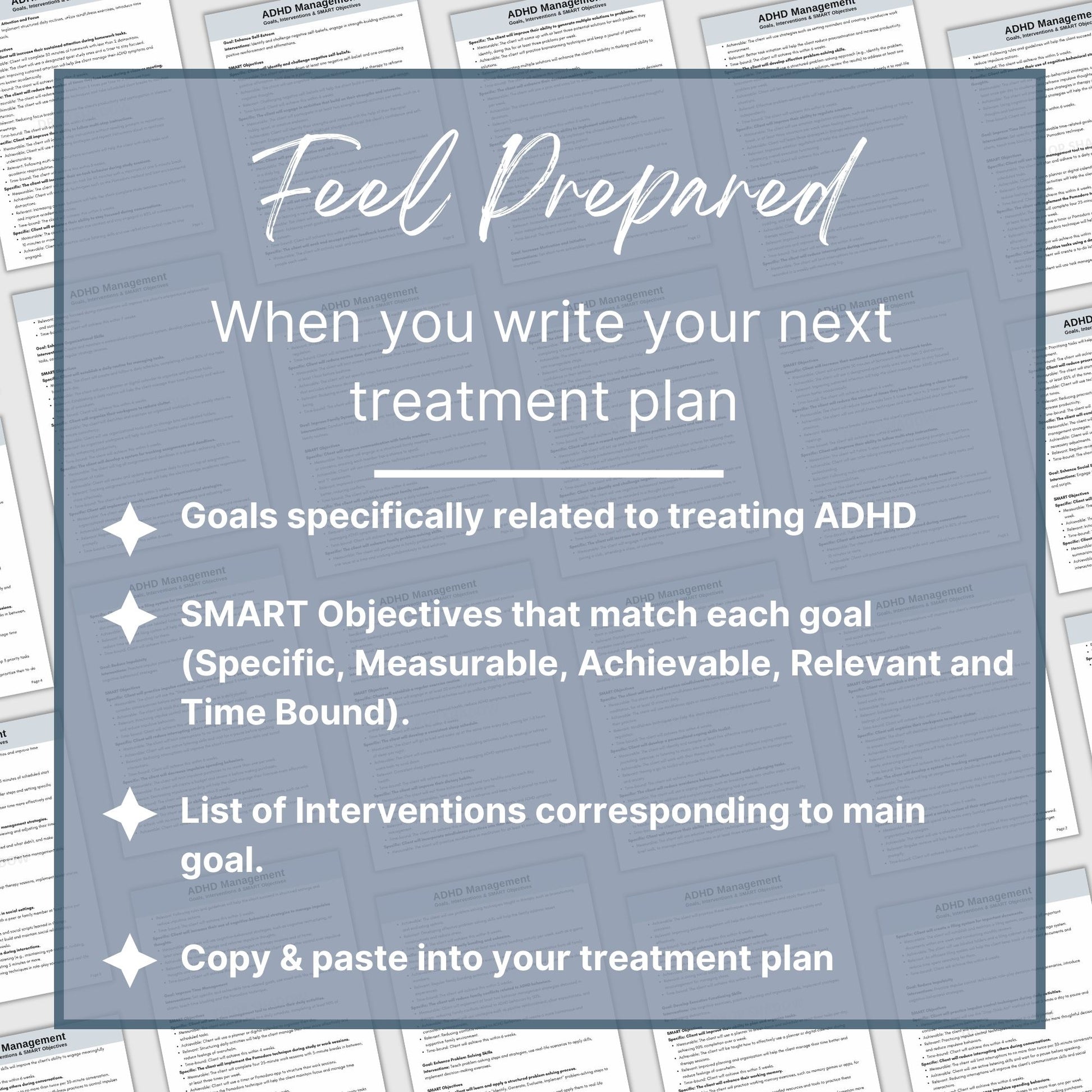 ADHD SMART Goals for Objectives, ADHD Treatment Planning, Therapy Cheat Sheet, adhd Planning Tool for Therapist Office, Interventions. ADHD therapy goals with SMART goals for objectives - Treatment planning tool tailored for treating ADHD.