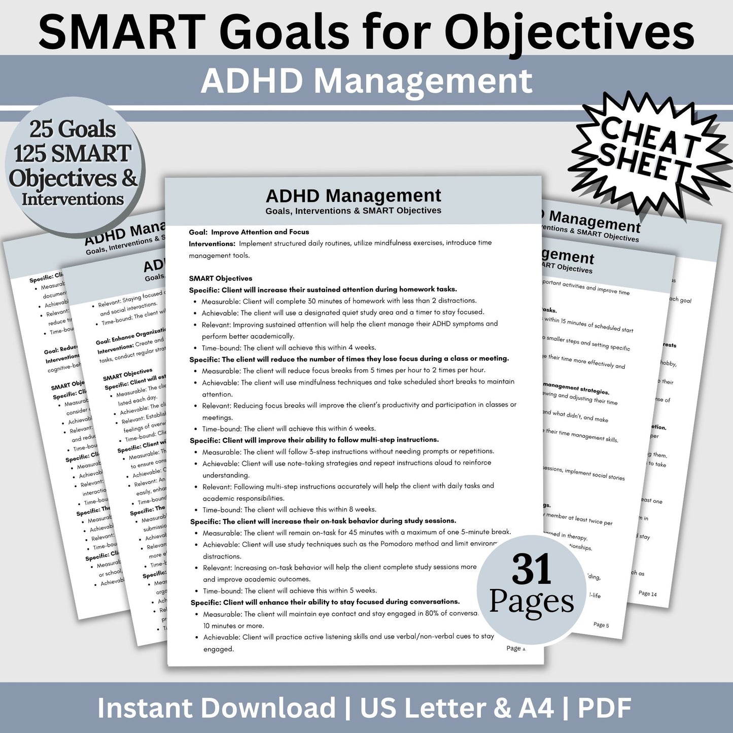 ADHD SMART Goals for Objectives, ADHD Treatment Planning, Therapy Cheat Sheet, adhd Planning Tool for Therapist Office, Interventions. ADHD therapy goals with SMART goals for objectives - Treatment planning tool tailored for treating ADHD.