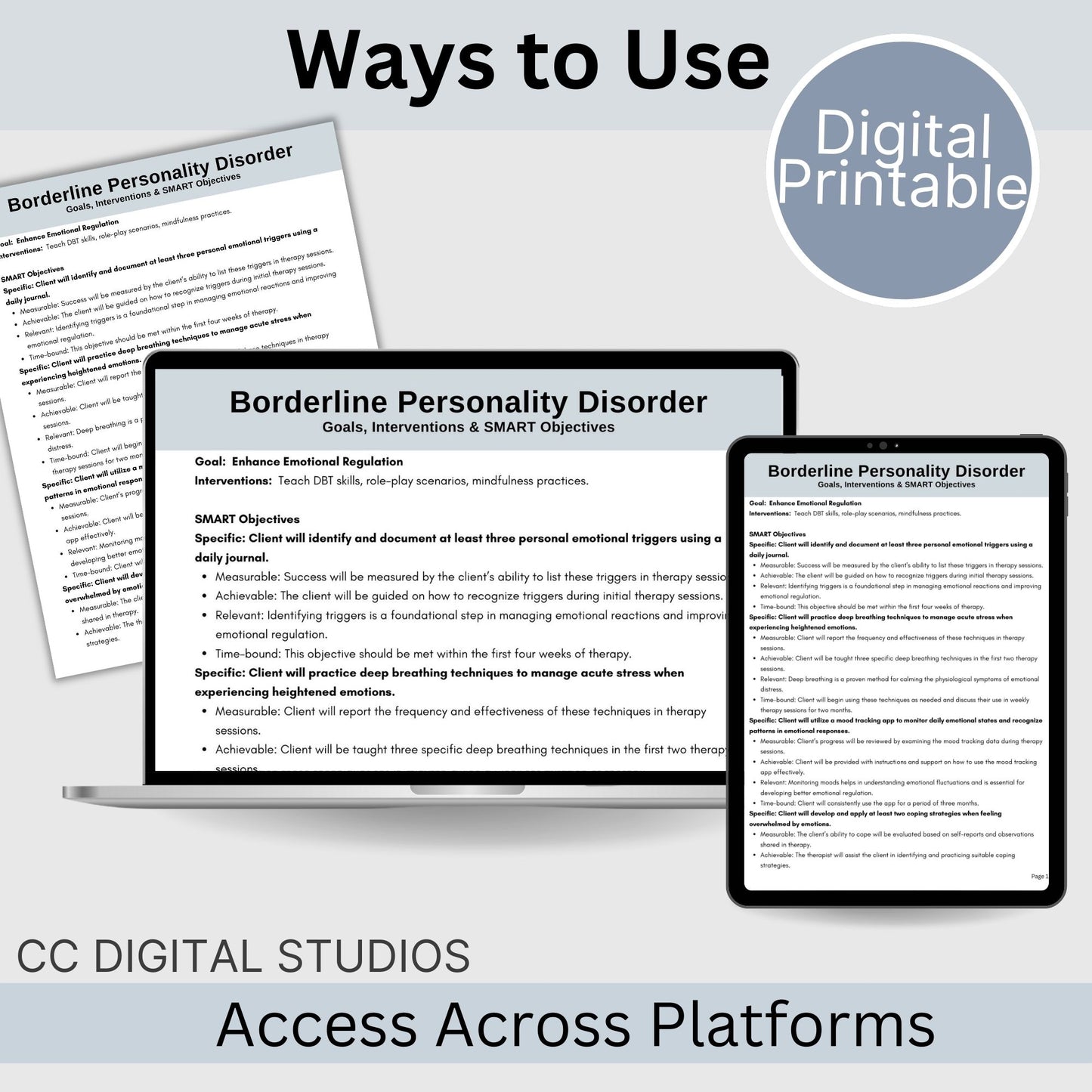 Therapy goals with SMART goals for objectives - Treatment planning tool tailored for treating Borderline Personality Disorder (BPD).  BPD Treatment Planning, DBT Skills, Therapy Cheat Sheet, Therapy Notes, Counseling Tools, Interventions