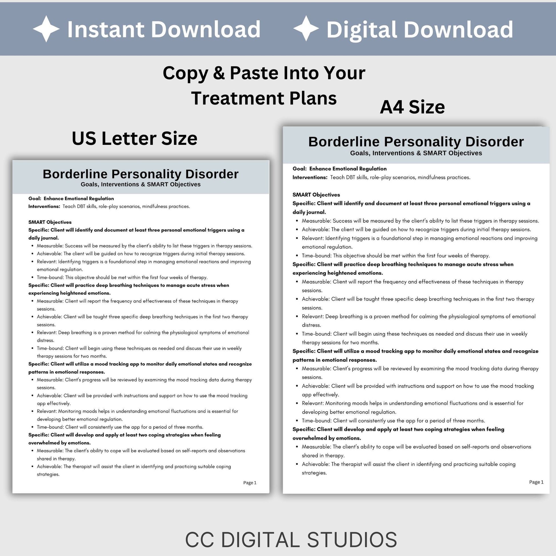 Therapy goals with SMART goals for objectives - Treatment planning tool tailored for treating Borderline Personality Disorder (BPD).  BPD Treatment Planning, DBT Skills, Therapy Cheat Sheet, Therapy Notes, Counseling Tools, Interventions