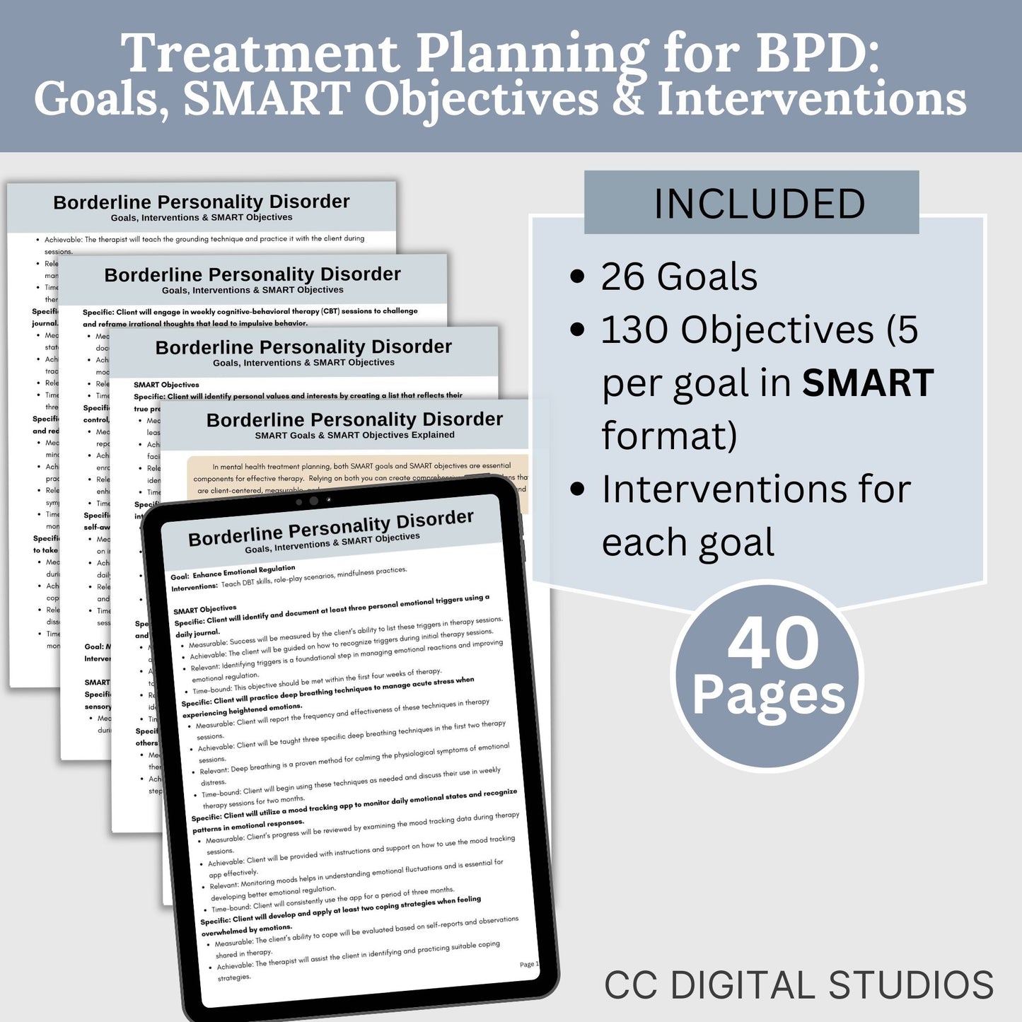 Therapy goals with SMART goals for objectives - Treatment planning tool tailored for treating Borderline Personality Disorder (BPD).  BPD Treatment Planning, DBT Skills, Therapy Cheat Sheet, Therapy Notes, Counseling Tools, Interventions