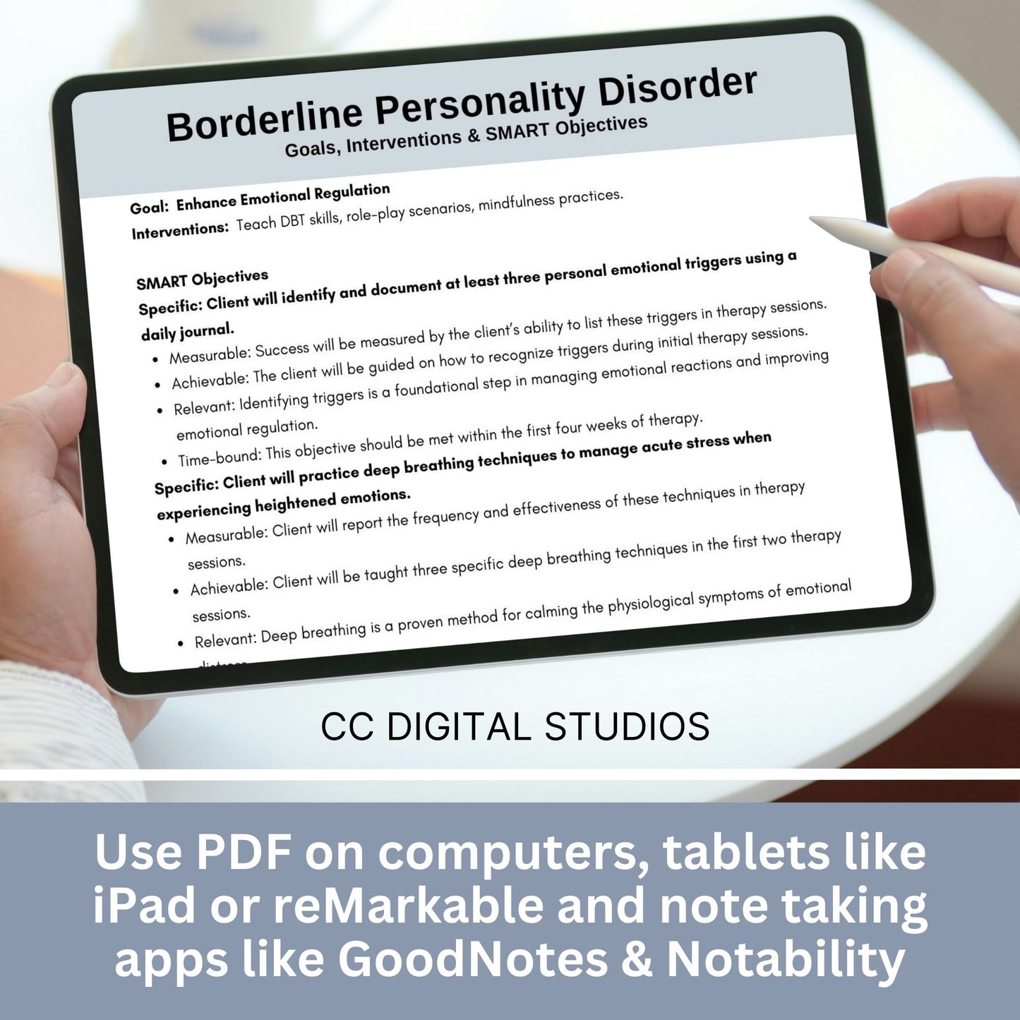 Therapy goals with SMART goals for objectives - Treatment planning tool tailored for treating Borderline Personality Disorder (BPD).  BPD Treatment Planning, DBT Skills, Therapy Cheat Sheet, Therapy Notes, Counseling Tools, Interventions