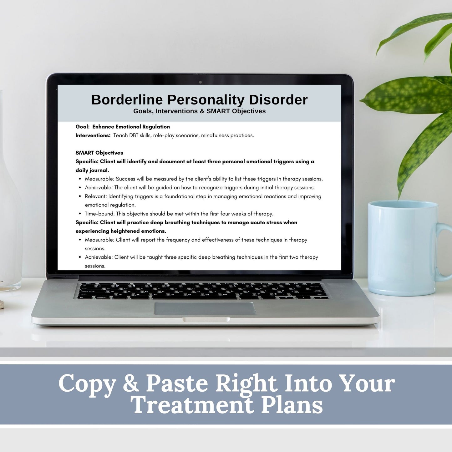 Therapy goals with SMART goals for objectives - Treatment planning tool tailored for treating Borderline Personality Disorder (BPD).  BPD Treatment Planning, DBT Skills, Therapy Cheat Sheet, Therapy Notes, Counseling Tools, Interventions