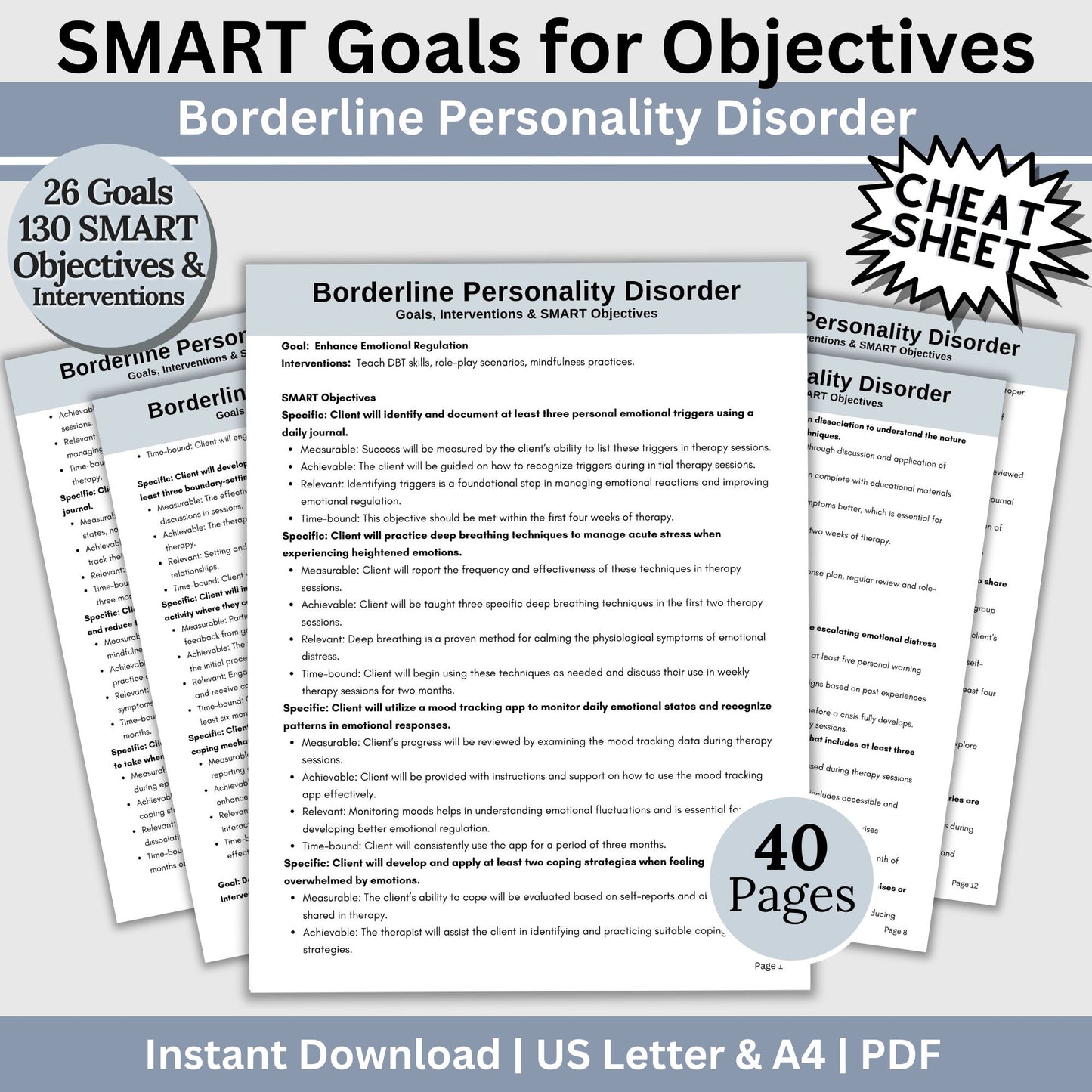 Therapy goals with SMART goals for objectives - Treatment planning tool tailored for treating Borderline Personality Disorder (BPD).  BPD Treatment Planning, DBT Skills, Therapy Cheat Sheet, Therapy Notes, Counseling Tools, Interventions