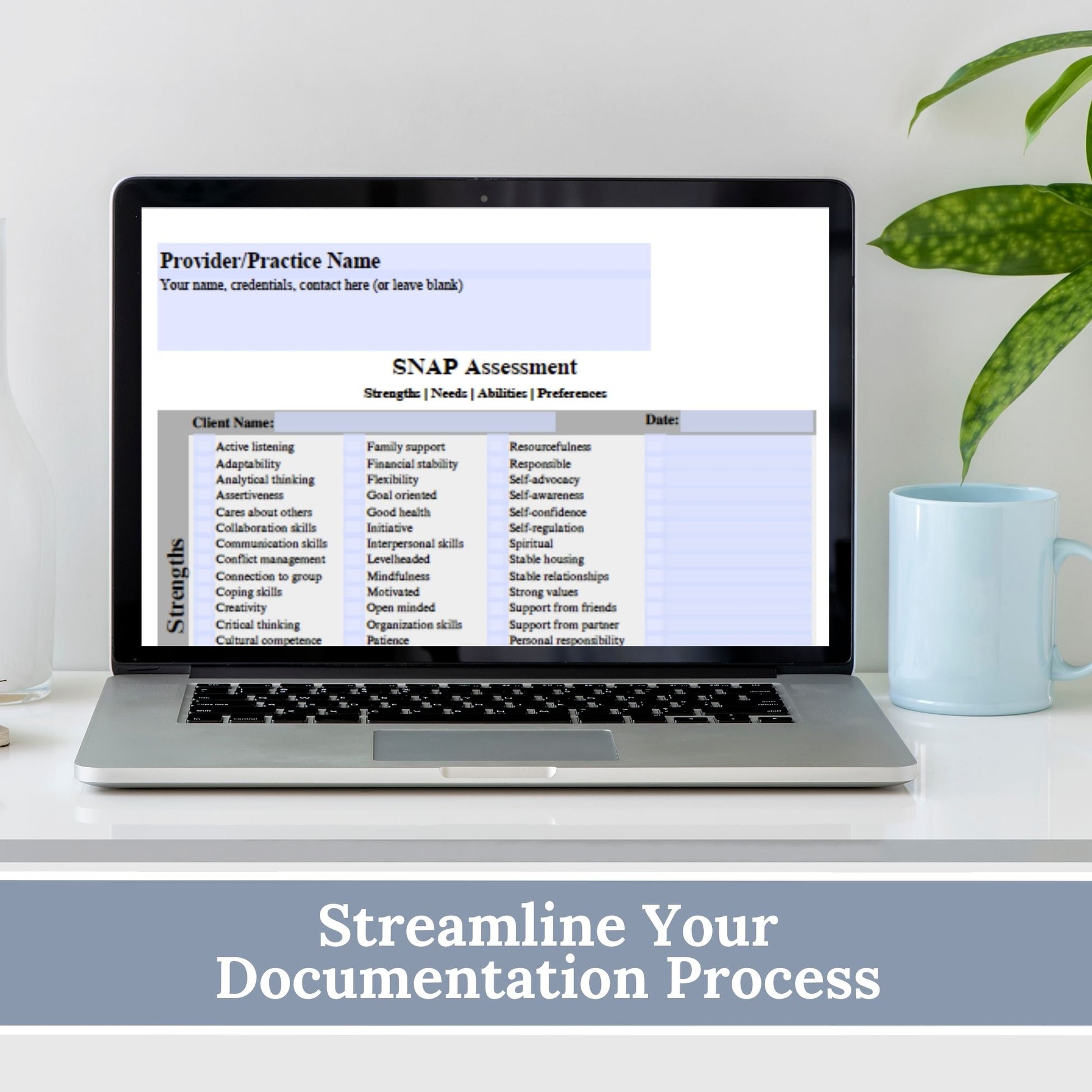 SNAP assessment to identify strengths, needs, abilities and preferences.  Perfect for social workers, school counselors, case management and therapist office. Therapy notes, therapy template, therapy tools