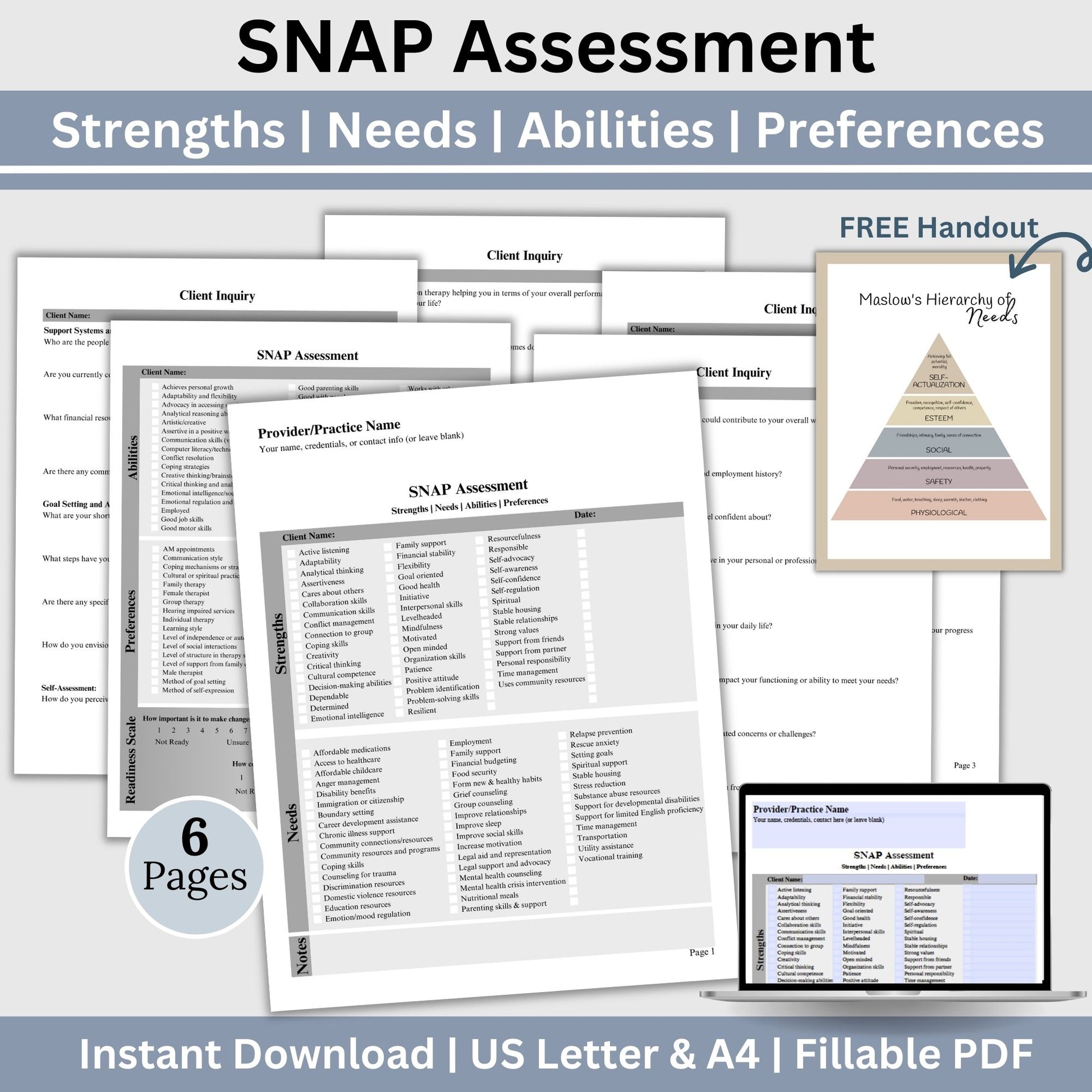 SNAP assessment to identify strengths, needs, abilities and preferences.  Perfect for social workers, school counselors, case management and therapist office. Therapy notes, therapy template, therapy tools