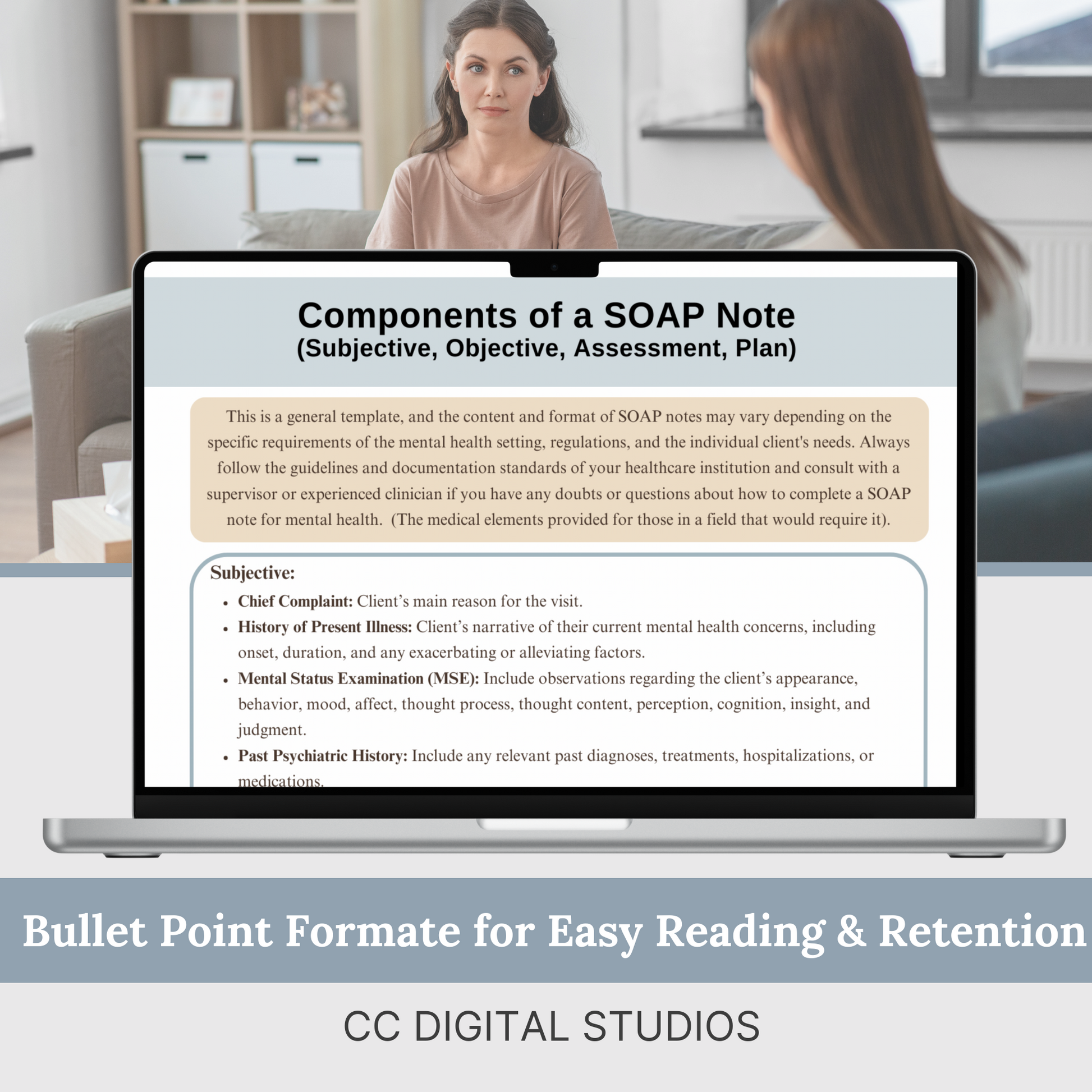 SOAP Note Guide tailored specifically for mental health therapists – your ultimate companion for efficient and organized documentation. Designed to streamline your therapy notes with user-friendly prompts and insightful examples