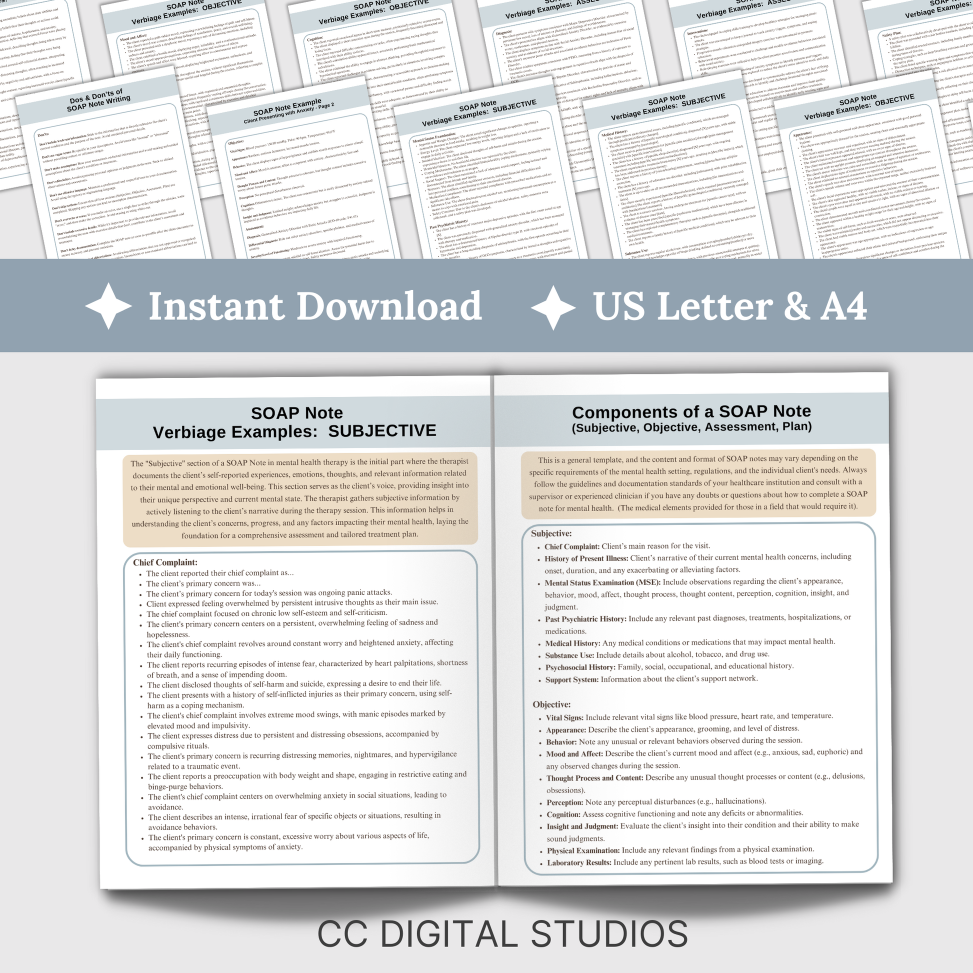 SOAP Note Guide tailored specifically for mental health therapists – your ultimate companion for efficient and organized documentation. Designed to streamline your therapy notes with user-friendly prompts and insightful examples