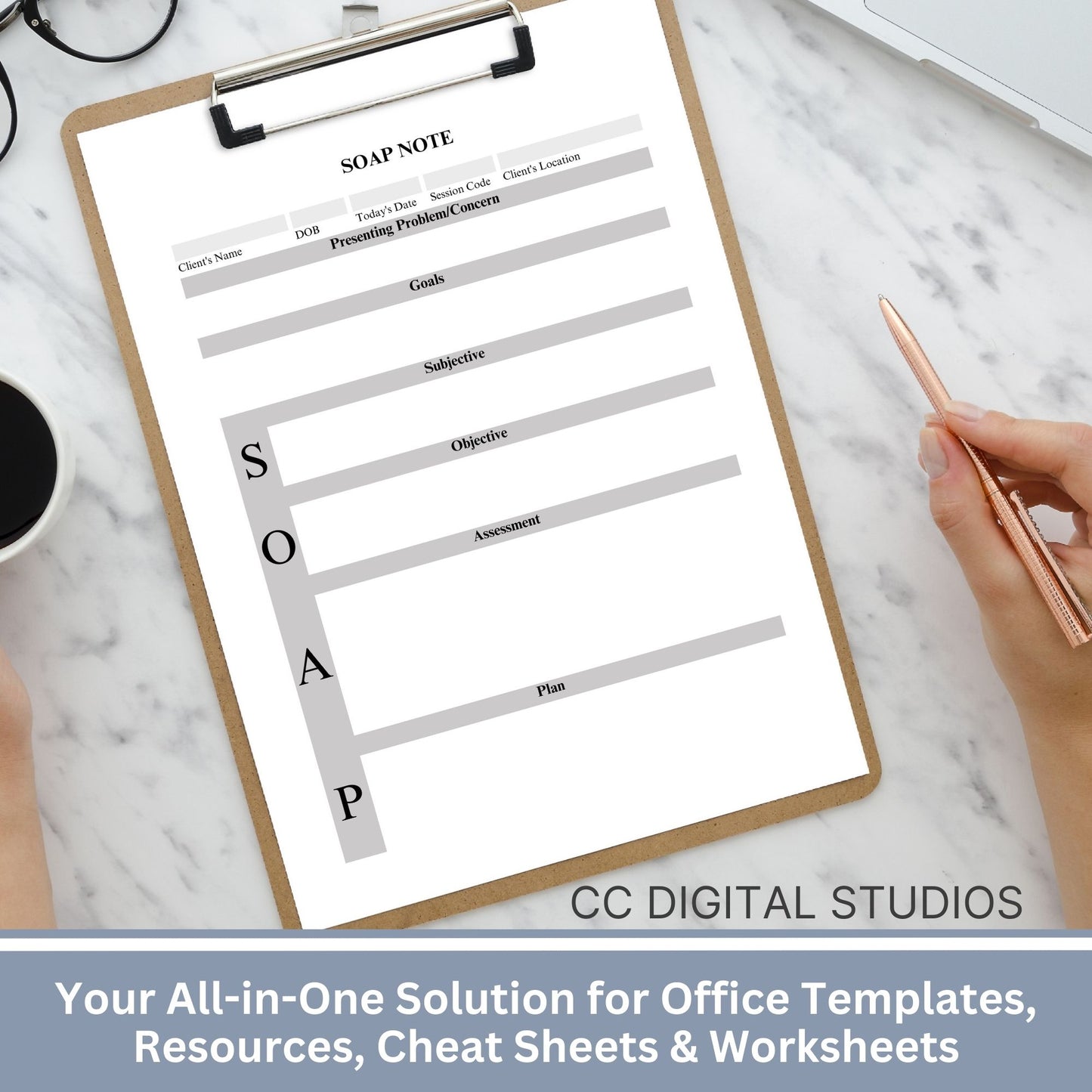 SOAP Note template designed specifically for Telemental health.  Two templates, one with contact info and one without.  Fillable SOAP Progress note for therapists office, school counselor and counseling offices.