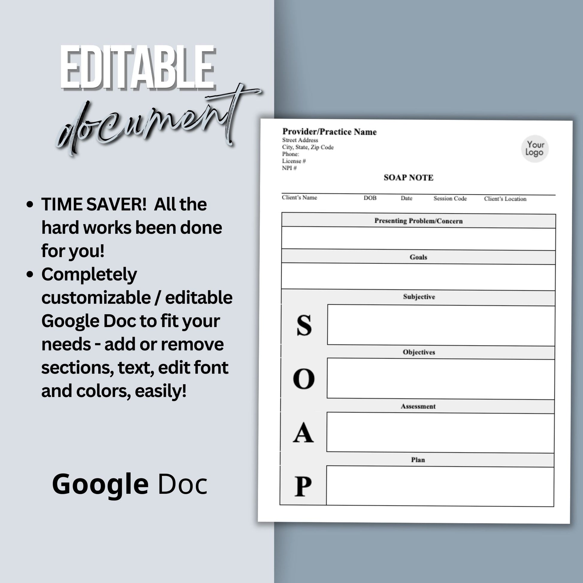 SOAP progress note template.  This is a convenient one-page progress note for mental health counselors, therapist office, social workers, and school counselors. Psychologist, social work, school psychologist, therapy note, therapist template