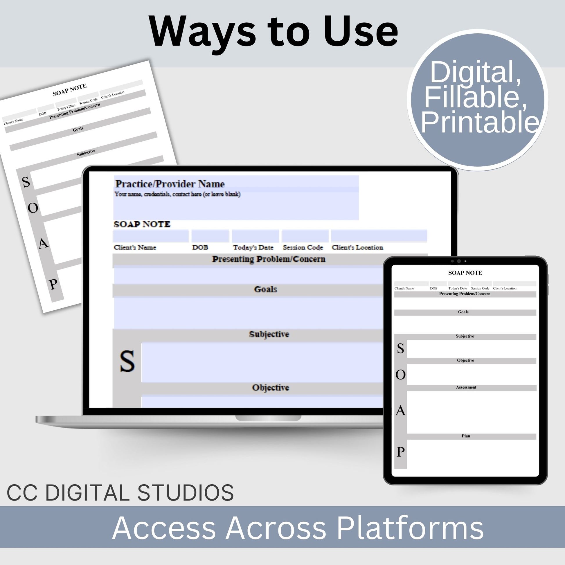 SOAP Note template designed specifically for Telemental health.  Two templates, one with contact info and one without.  Fillable SOAP Progress note for therapists office, school counselor and counseling offices.